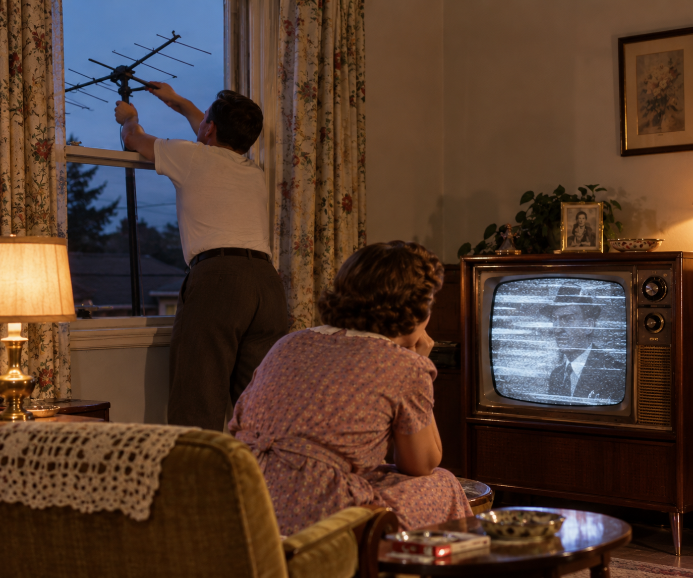 A man adjusts a television antenna through an open window while a woman watches the static-filled screen of a vintage console television.