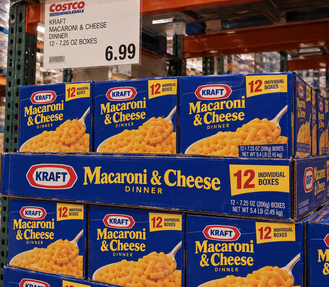 Costco shelf display of Kraft Macaroni & Cheese dinner boxes, with a price sign above indicating 12 packs for $6.99.