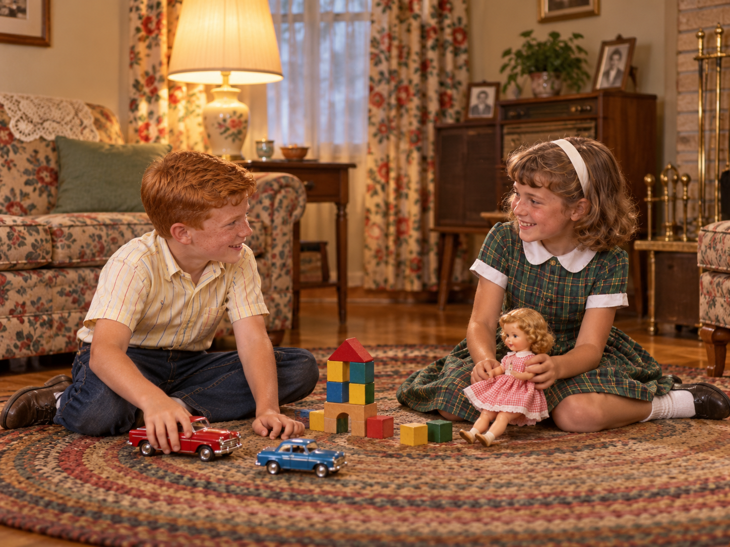 Two children sit on a rug in a living room, smiling and playing with toy cars, building blocks, and a doll. The room is warmly lit and decorated with floral furniture and vintage decor.
