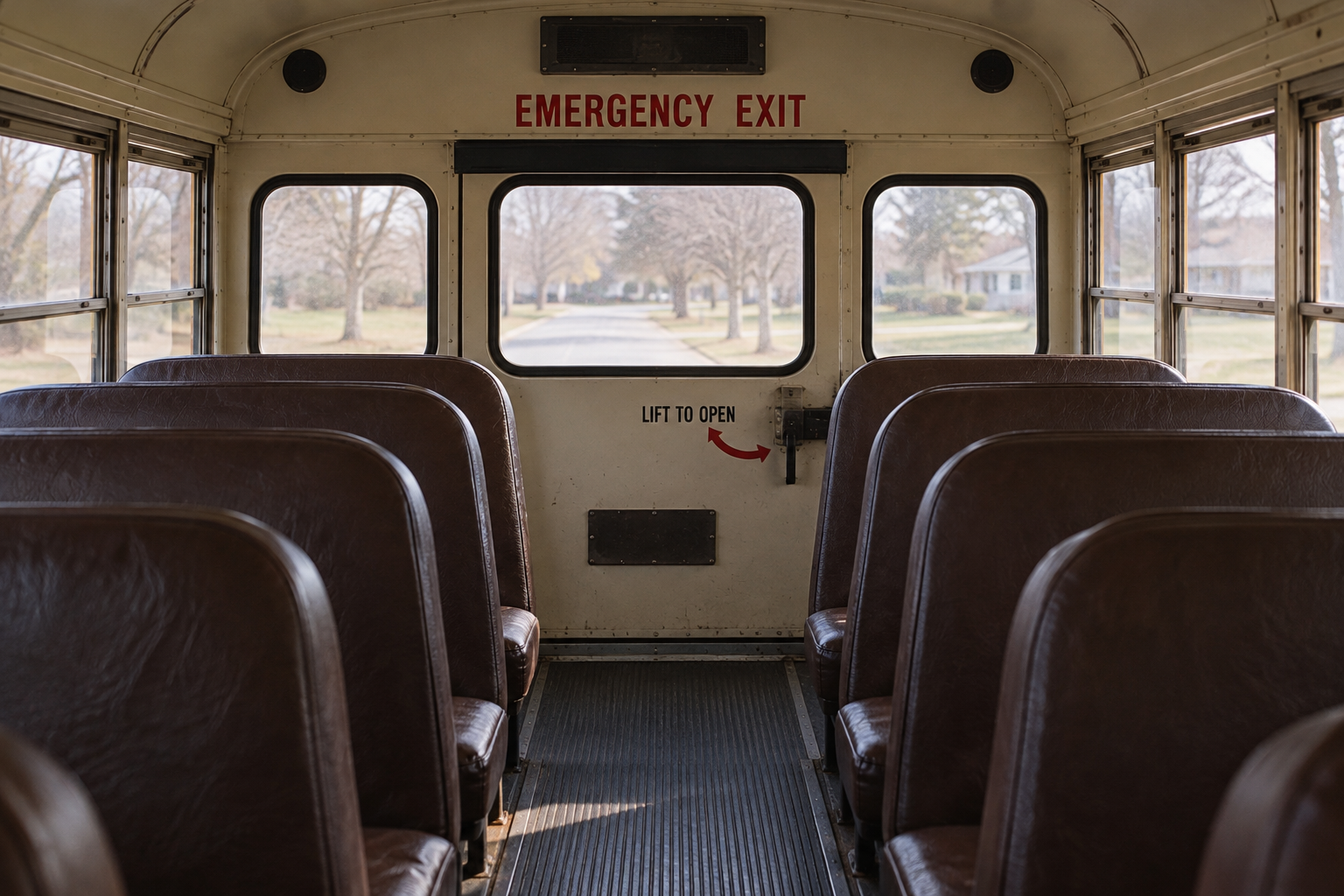 Interior view of the back of a school bus, showing rows of empty brown vinyl seats facing the rear emergency exit door.