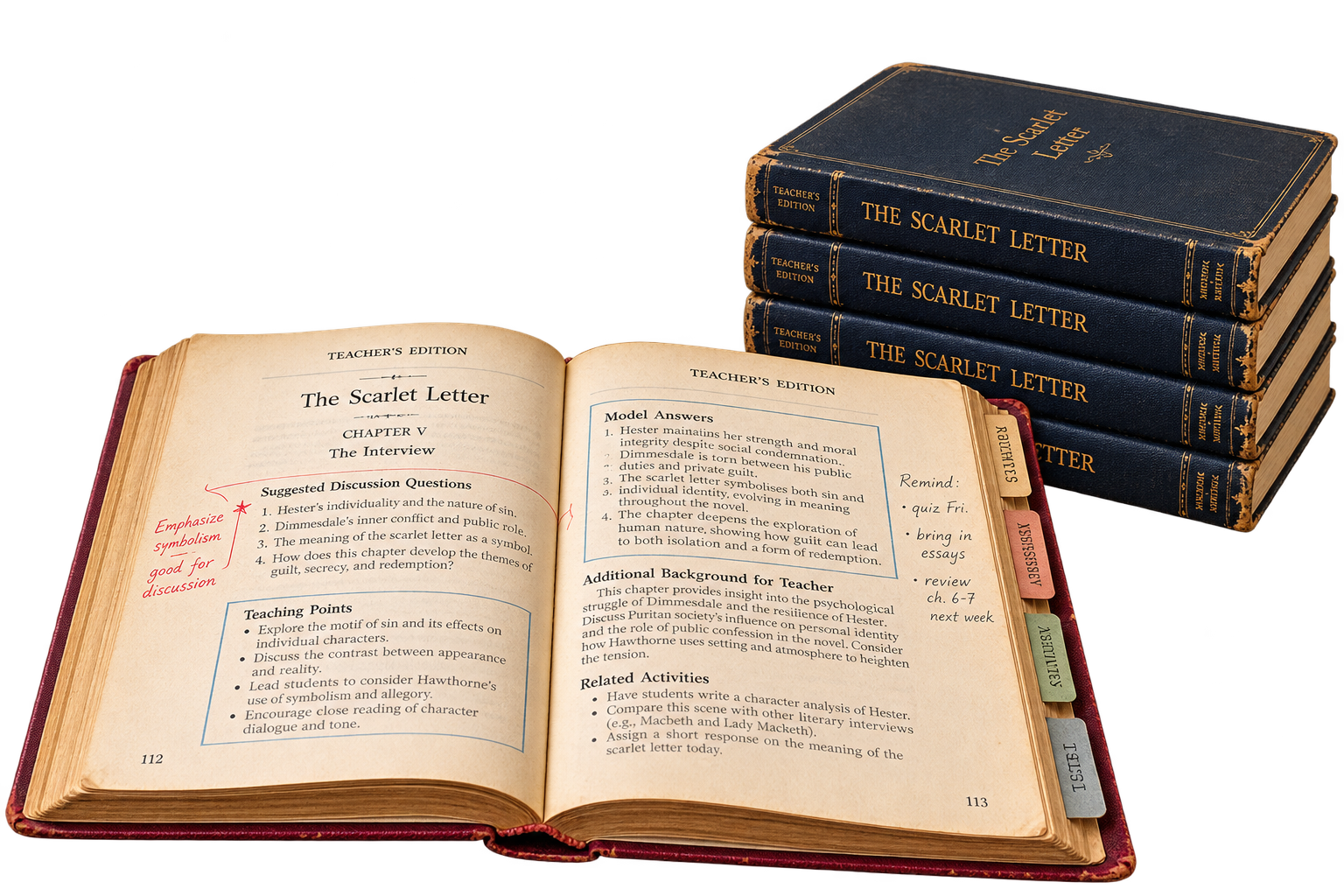 An open teacher’s edition of The Scarlet Letter showing discussion questions, teaching points, and model answers, with a stack of four matching hardcover books to the right.
