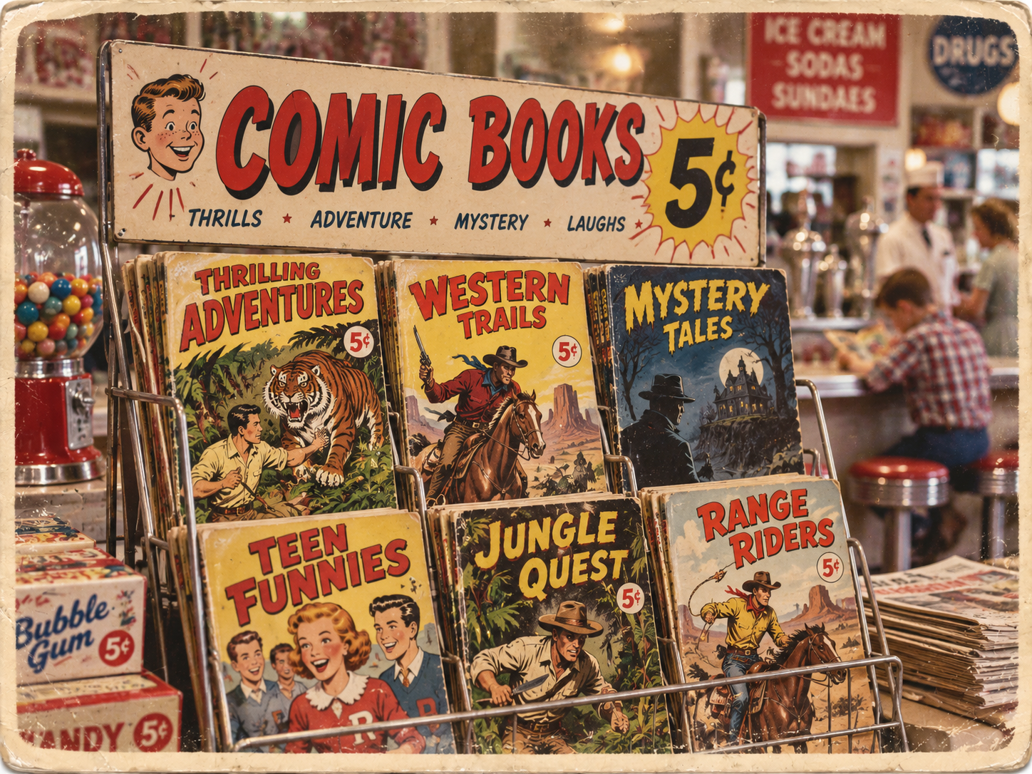 A vintage comic book display advertises “Comic Books 5¢.” Six colorful comics are shown, with illustrated covers featuring adventurers, cowboys, teens, and animals. A retro soda fountain is visible in the background.