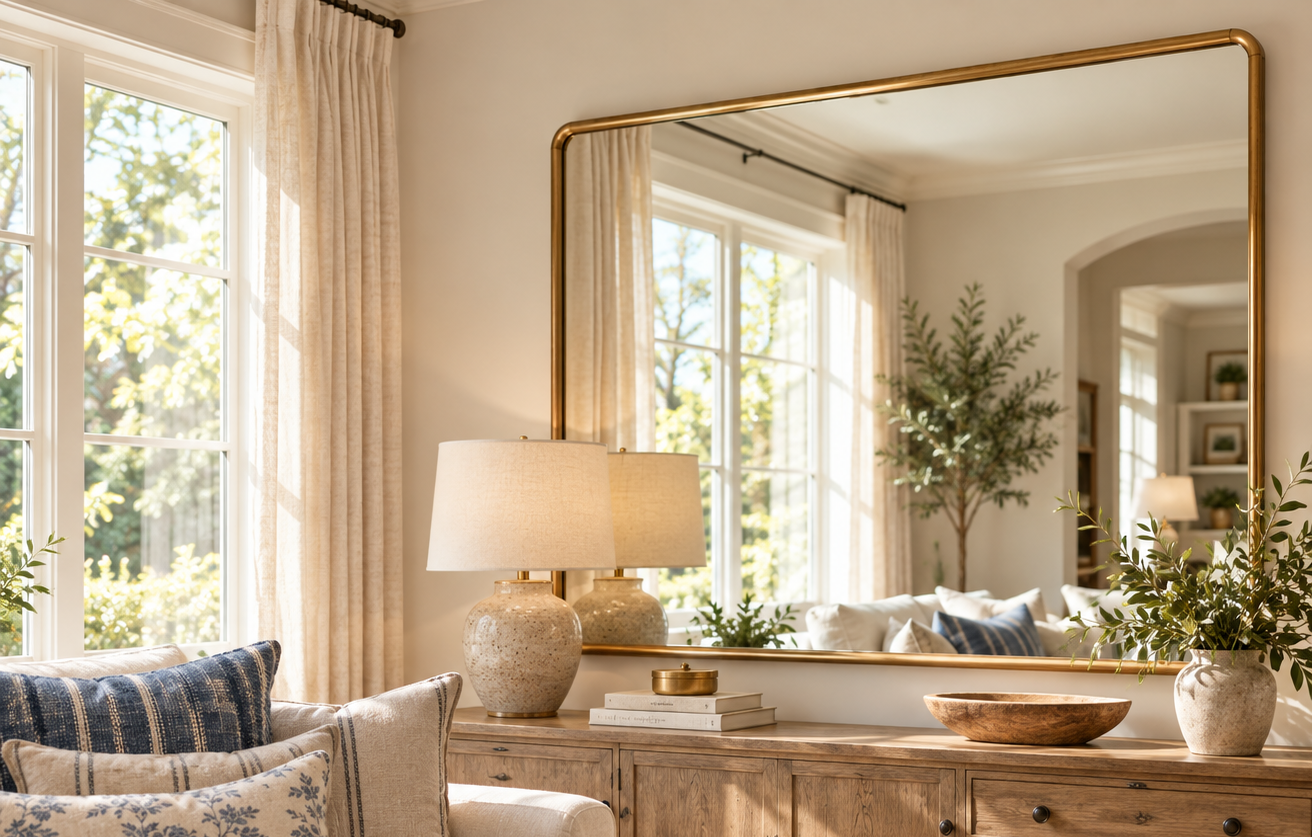 A large rectangular mirror with a gold frame hangs above a wooden console table featuring a lamp, books, a decorative bowl, and a plant.
