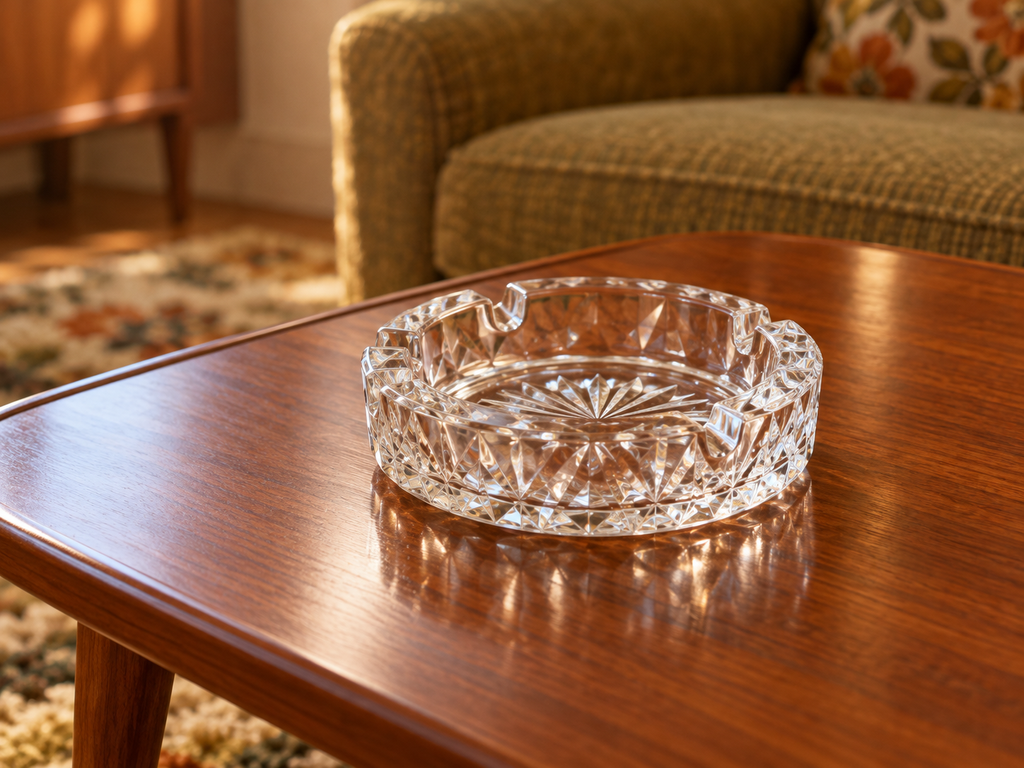 A clear, cut-glass ashtray sits on a wooden coffee table.