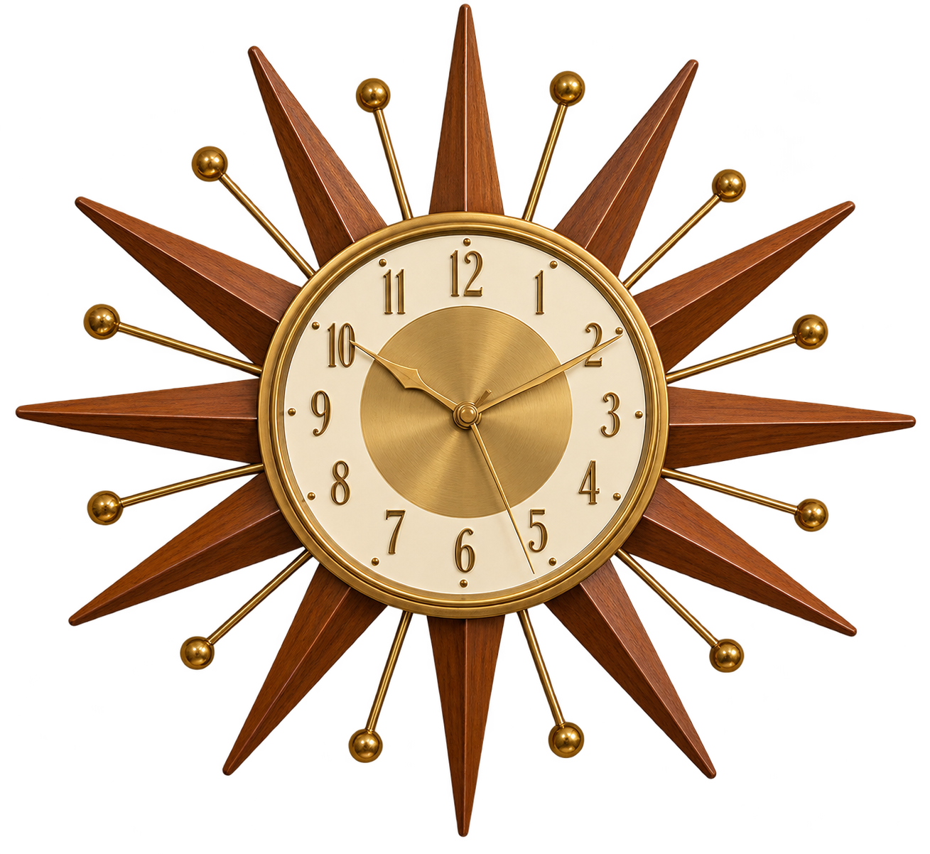 Mid-century modern sunburst wall clock with a gold face and wood-toned starburst rays.