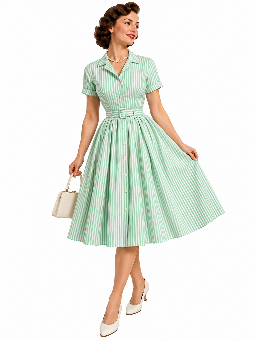 A woman wearing a vintage-style, button-front green and white striped midi dress with a collared neckline, pearl necklace, and white heels, holding a small white handbag.