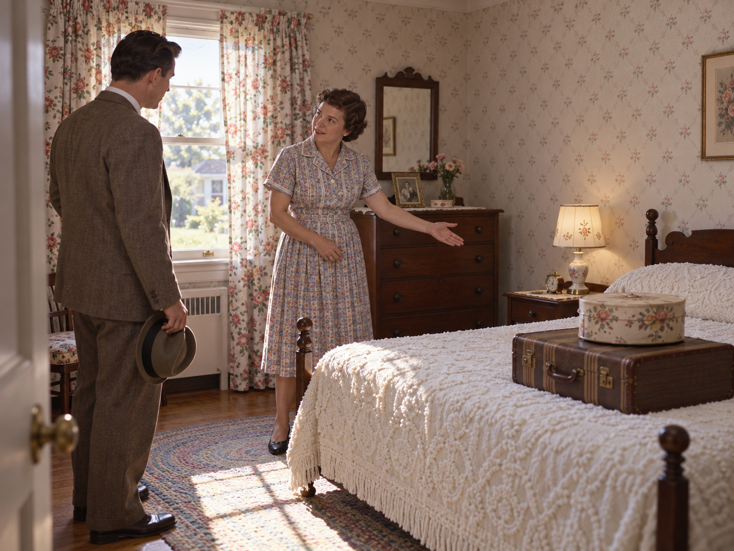 A woman in a floral dress gestures toward a bed while speaking to a man in a suit holding a hat in a vintage-style bedroom.