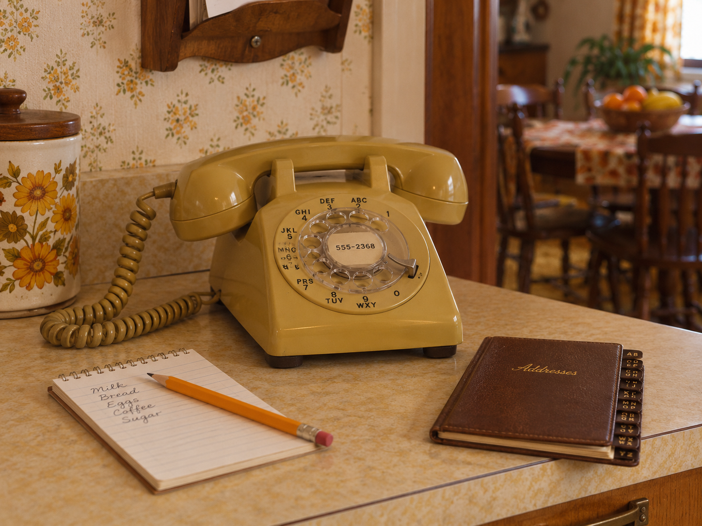 A vintage yellow rotary phone sits on a kitchen counter next to a notepad with a grocery list and an address book.