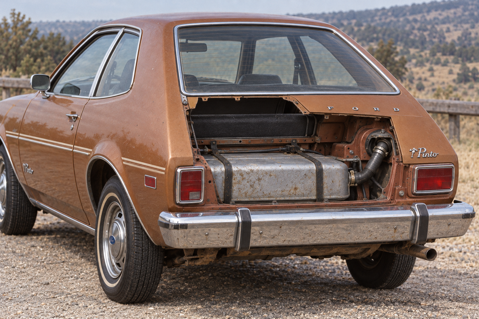 A brown Ford Pinto hatchback with the rear hatch glass removed, exposing the fuel tank and rear chassis.
