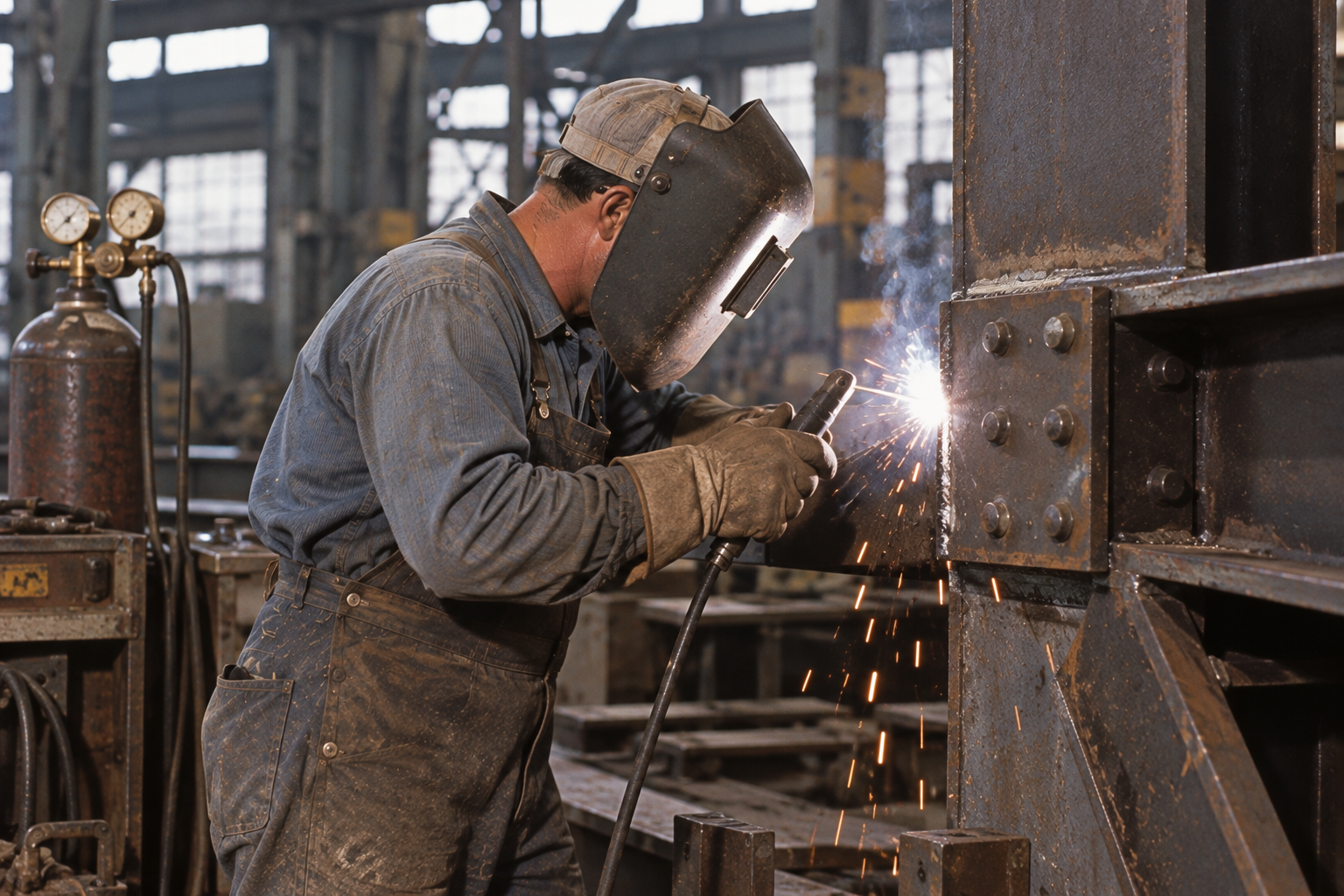 A welder wearing a protective mask and gloves welds a steel beam in a factory.