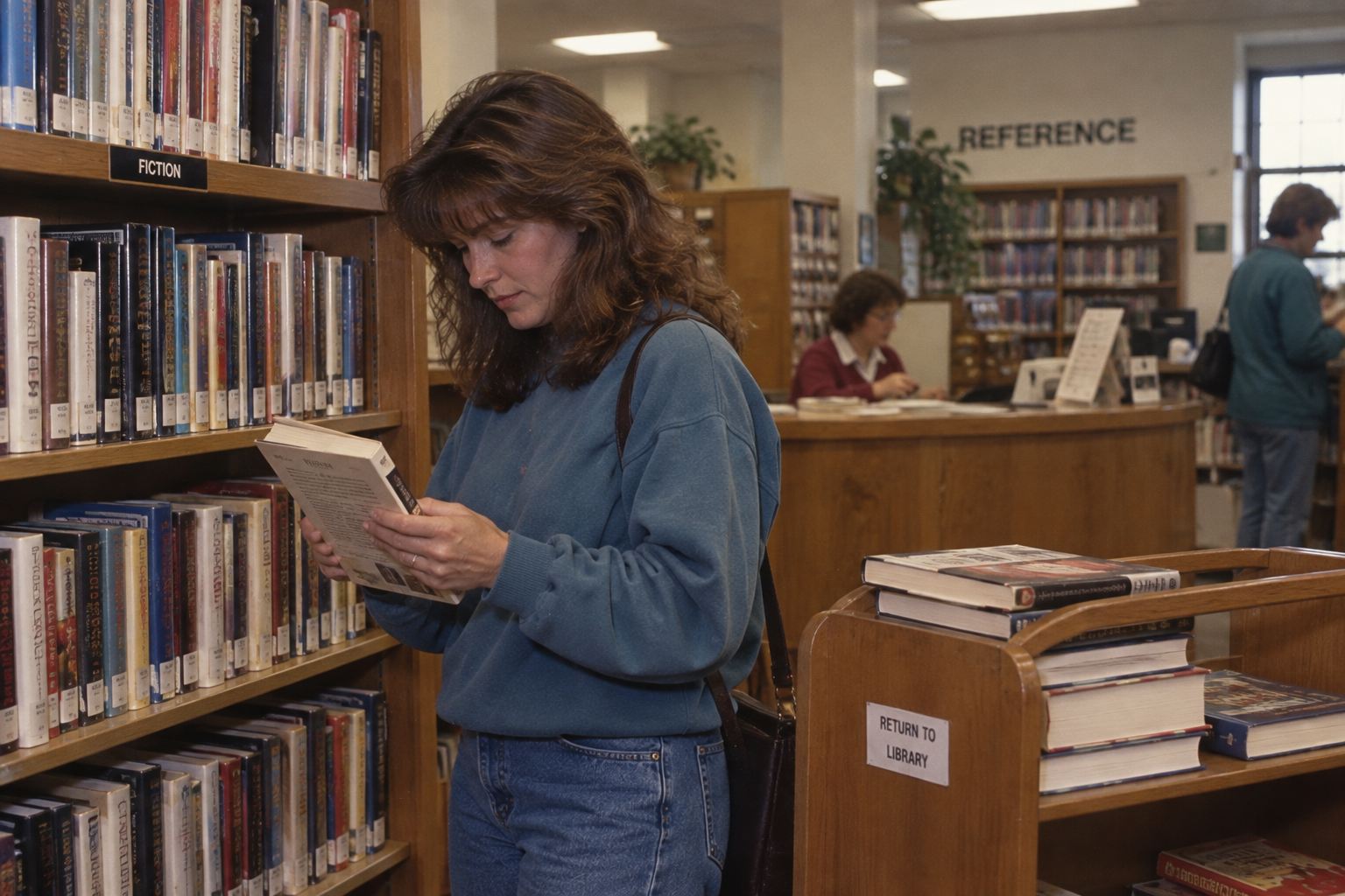 A woman standing in a library aisle examines a book, while others browse in the background.