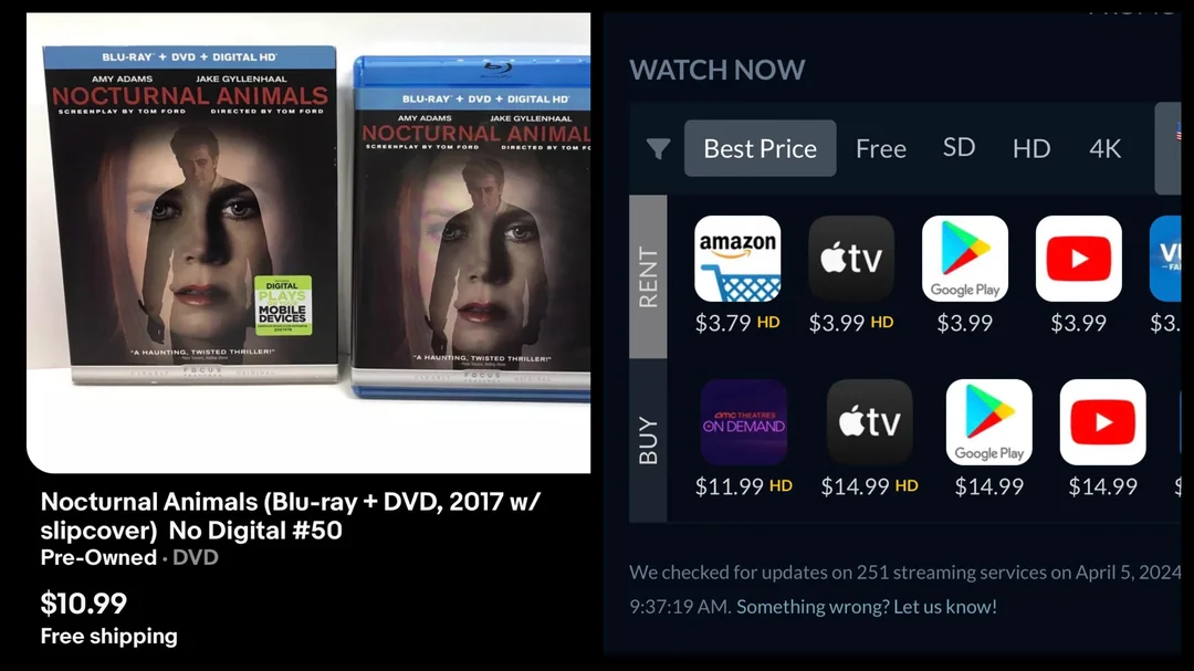 Nocturnal Animals Blu-ray and DVD set next to a digital storefront interface showing rent and buy pricing options from various streaming services.