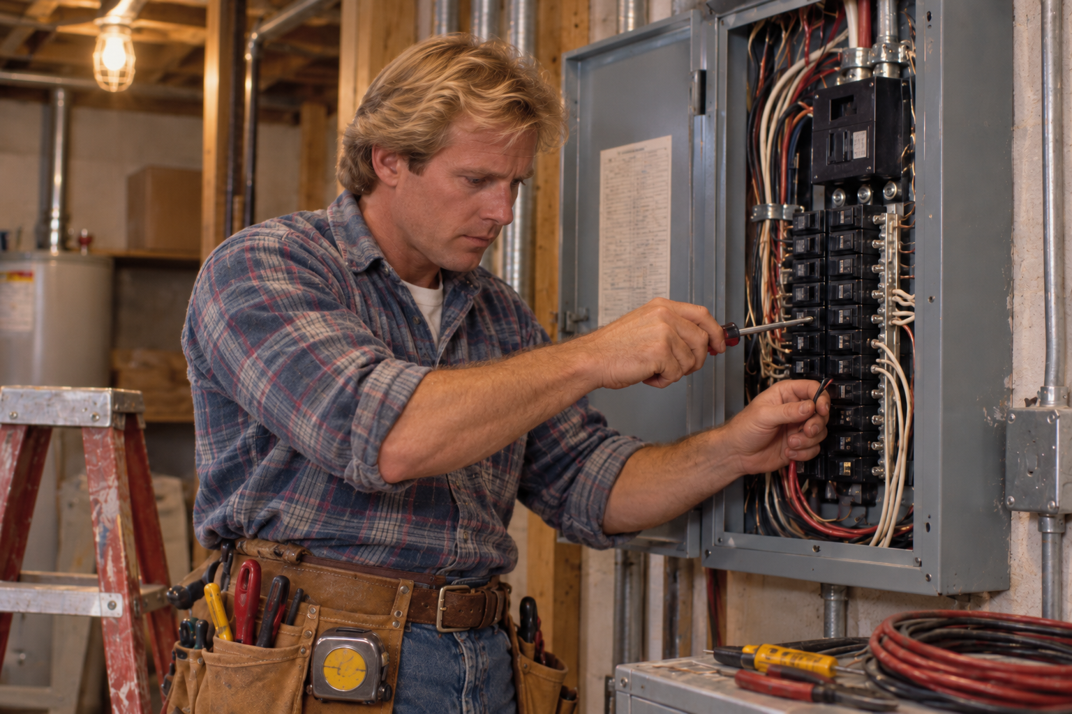 An electrician wearing a tool belt uses a screwdriver to work on an open electrical panel.