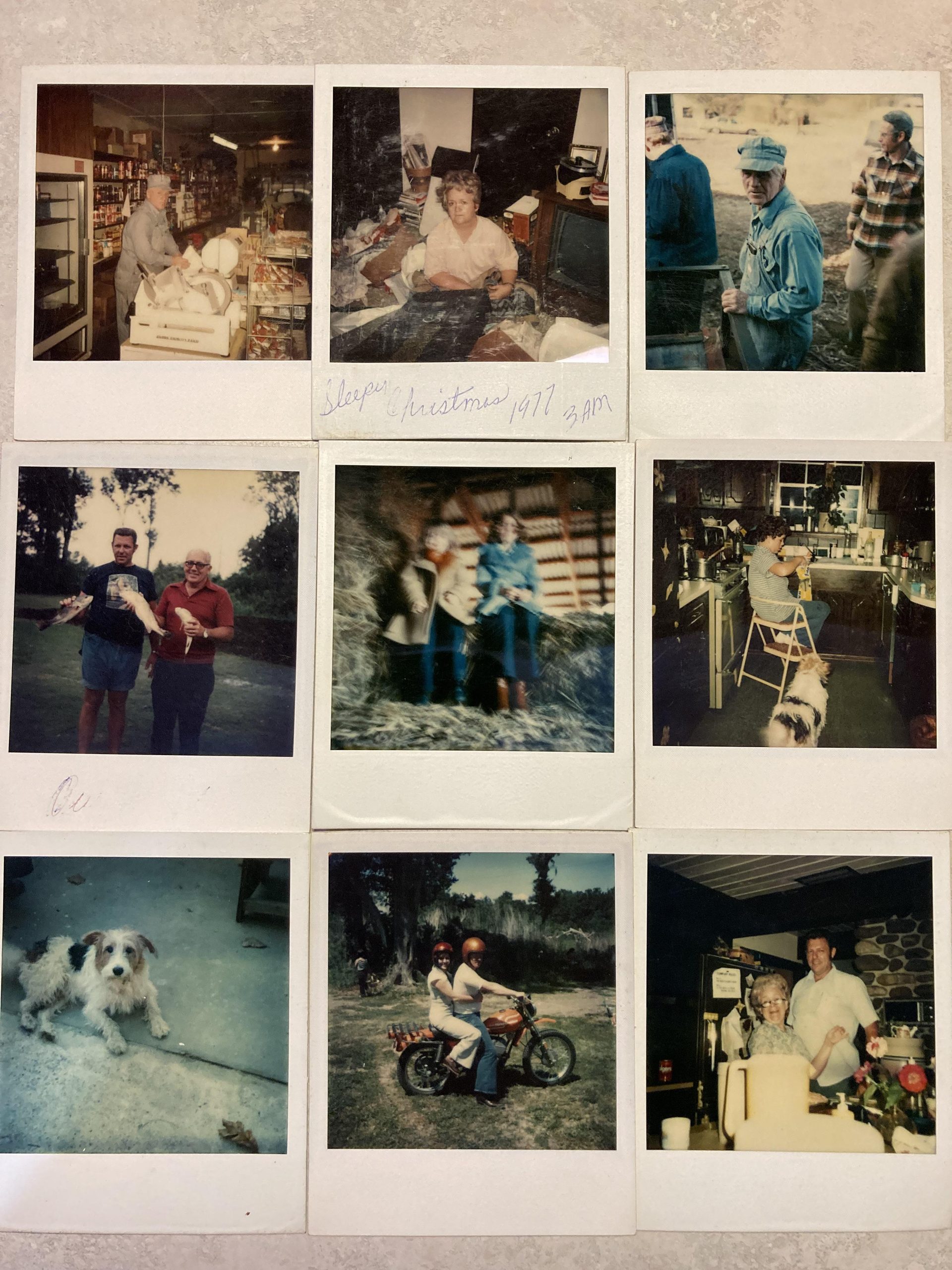 A grid of nine vintage Polaroid photographs showing various people in indoor and outdoor settings, including portraits, a couple on a motorcycle, a dog, and handwritten text reading “Sleepy Christmas 1977 3AM.”