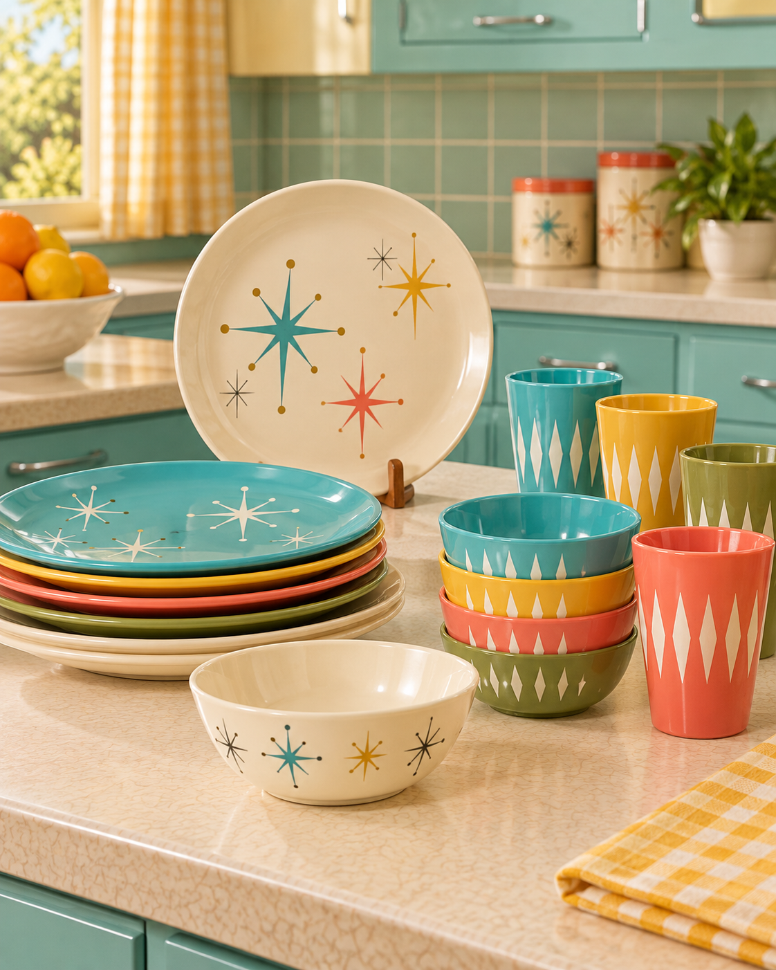 Mid-century modern style dinnerware set, including plates and bowls decorated with starburst patterns and tumblers with diamond motifs.