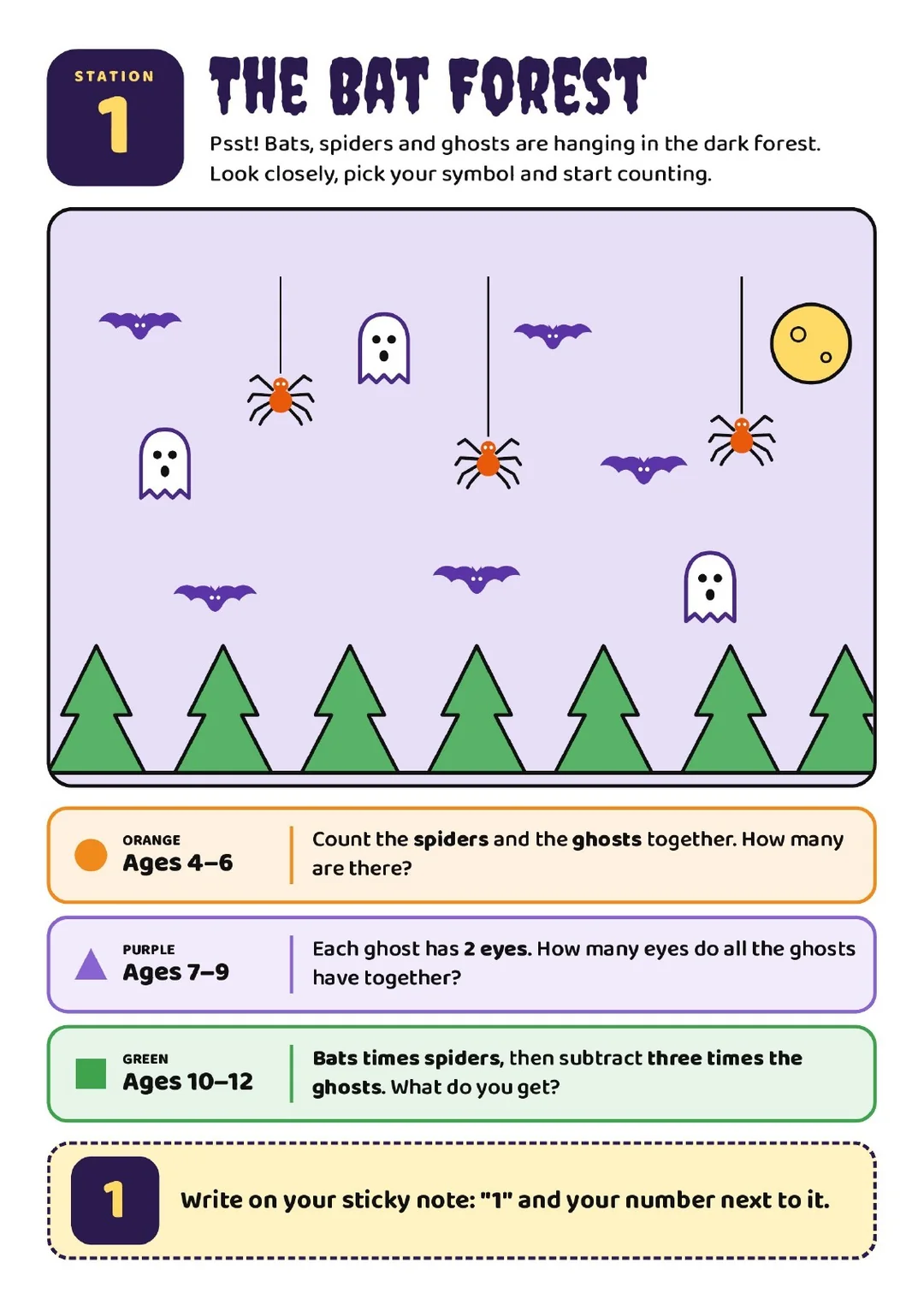 Activity sheet for Station 1 titled “The Bat Forest” featuring a counting game with ghosts, spiders, and bats, and three math problems categorized by age group.