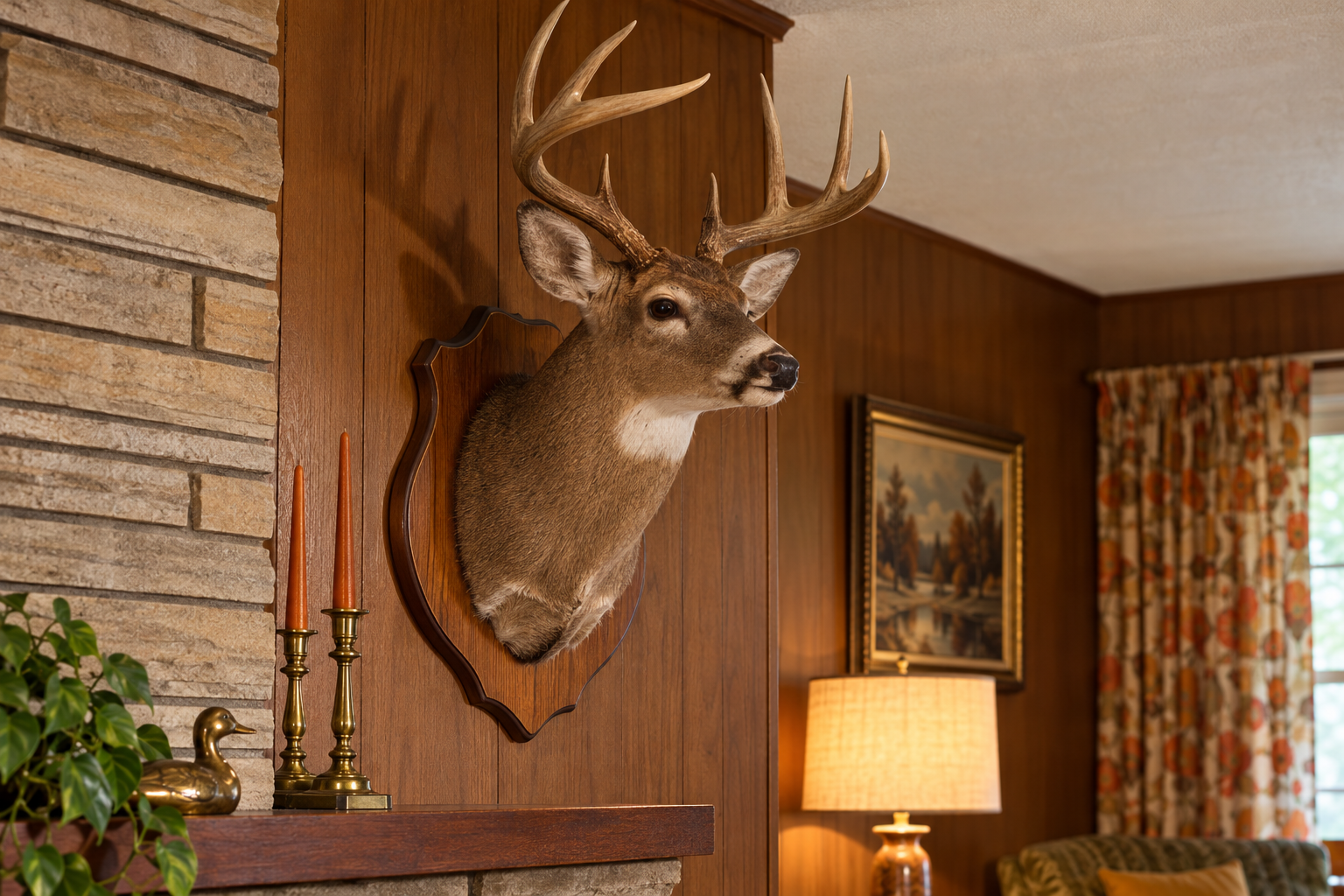 A taxidermy deer head mounted on a wood-paneled wall above a fireplace mantel.