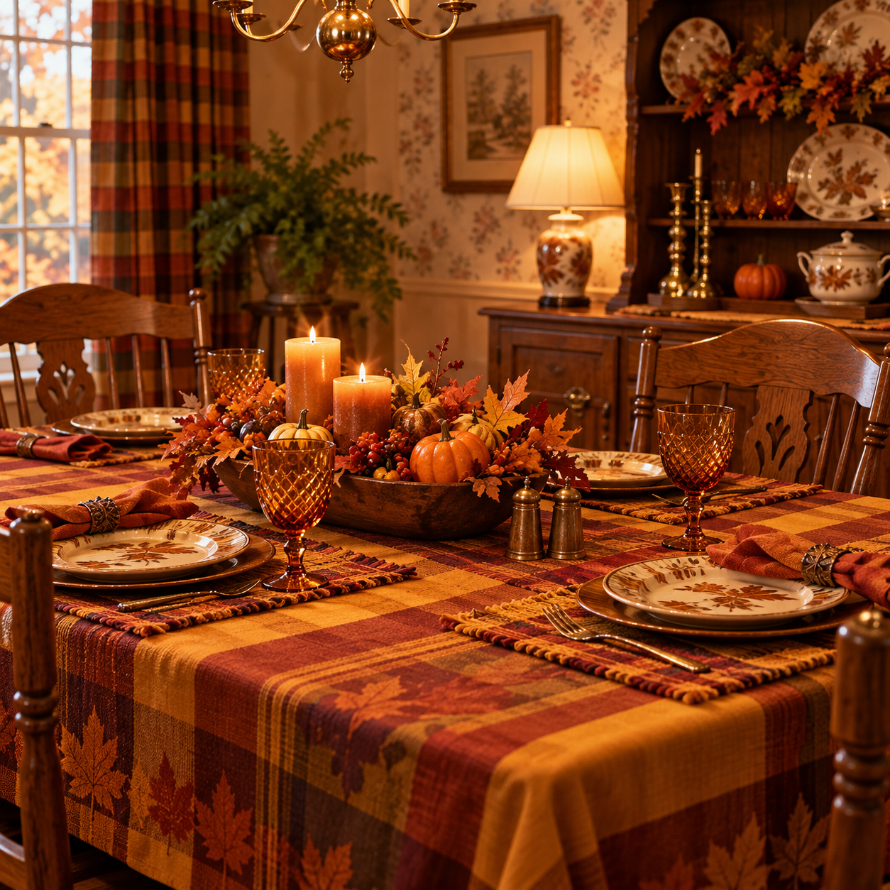 A dining table set for autumn, featuring plates with leaf patterns, amber glassware, and a centerpiece of candles, pumpkins, and fall foliage.