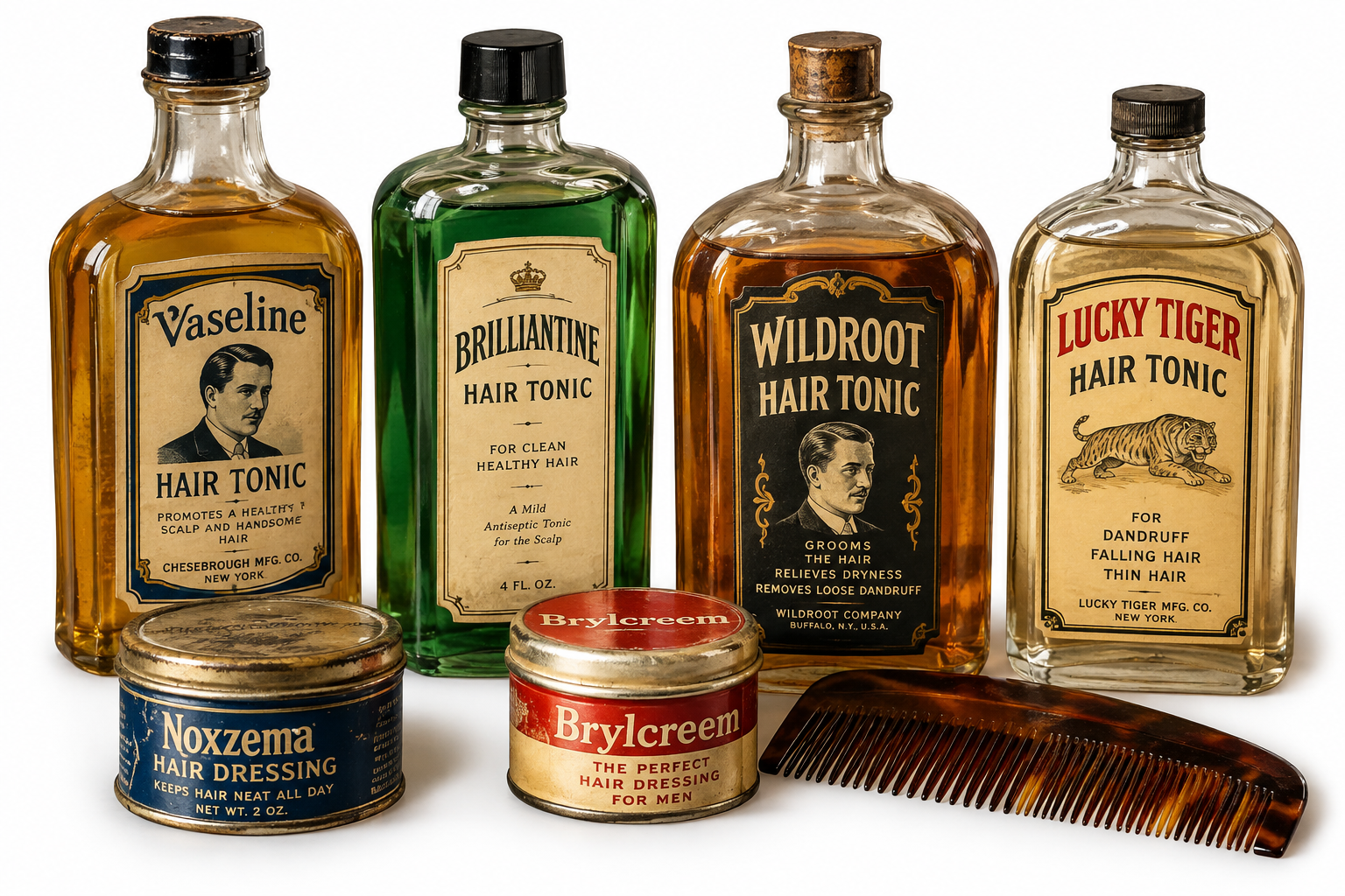 Four vintage bottles of hair tonic and two round tins of hair dressing arranged behind a tortoiseshell hair comb.