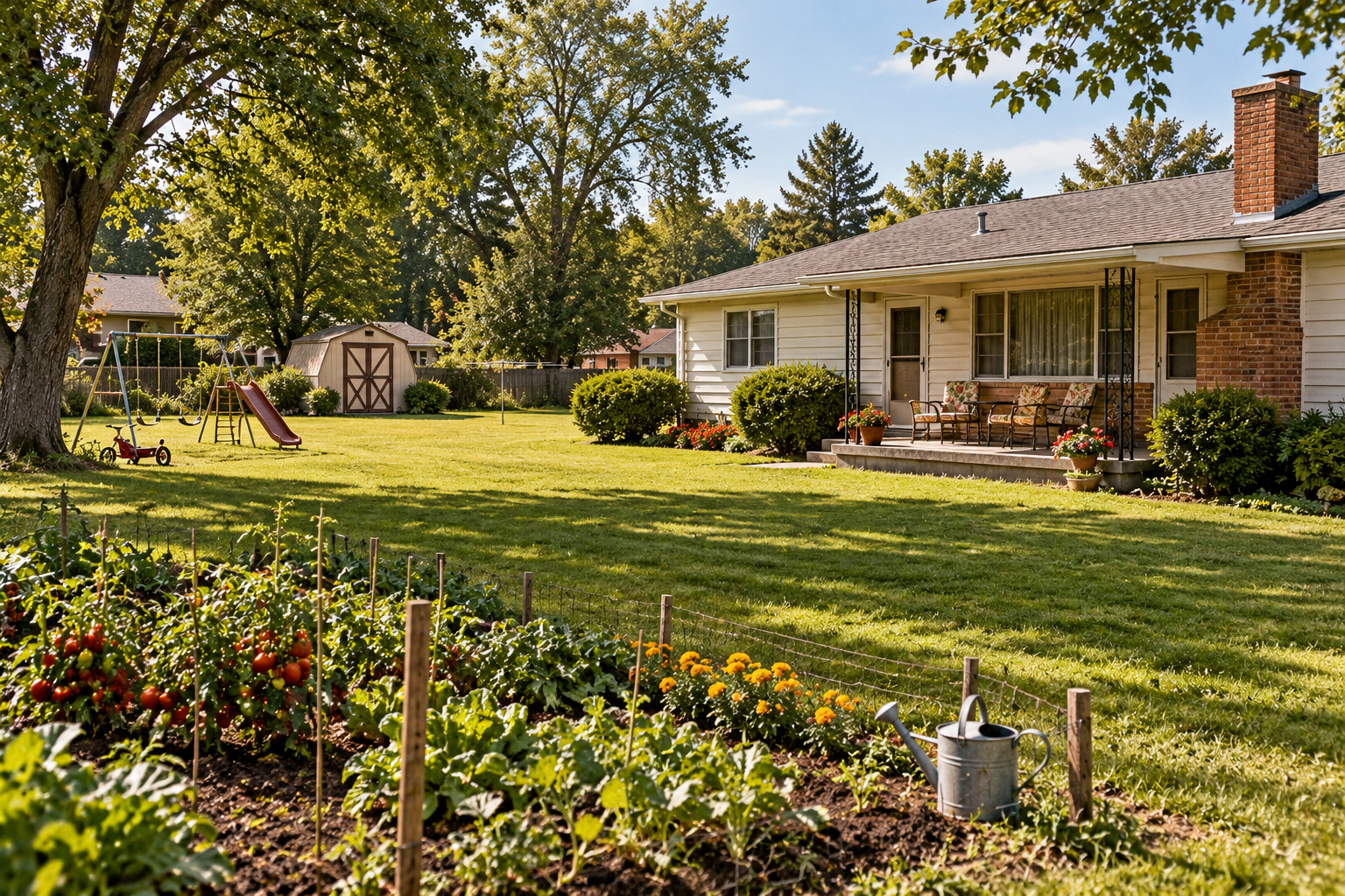 A backyard vegetable garden with tomatoes and marigolds in the foreground, leading to a house with a porch, a swing set, and a storage shed.