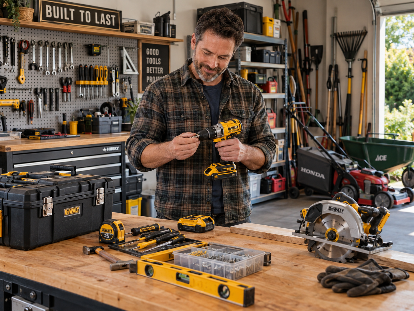 A man in a plaid shirt uses a DeWalt cordless drill in a garage workshop filled with tools.