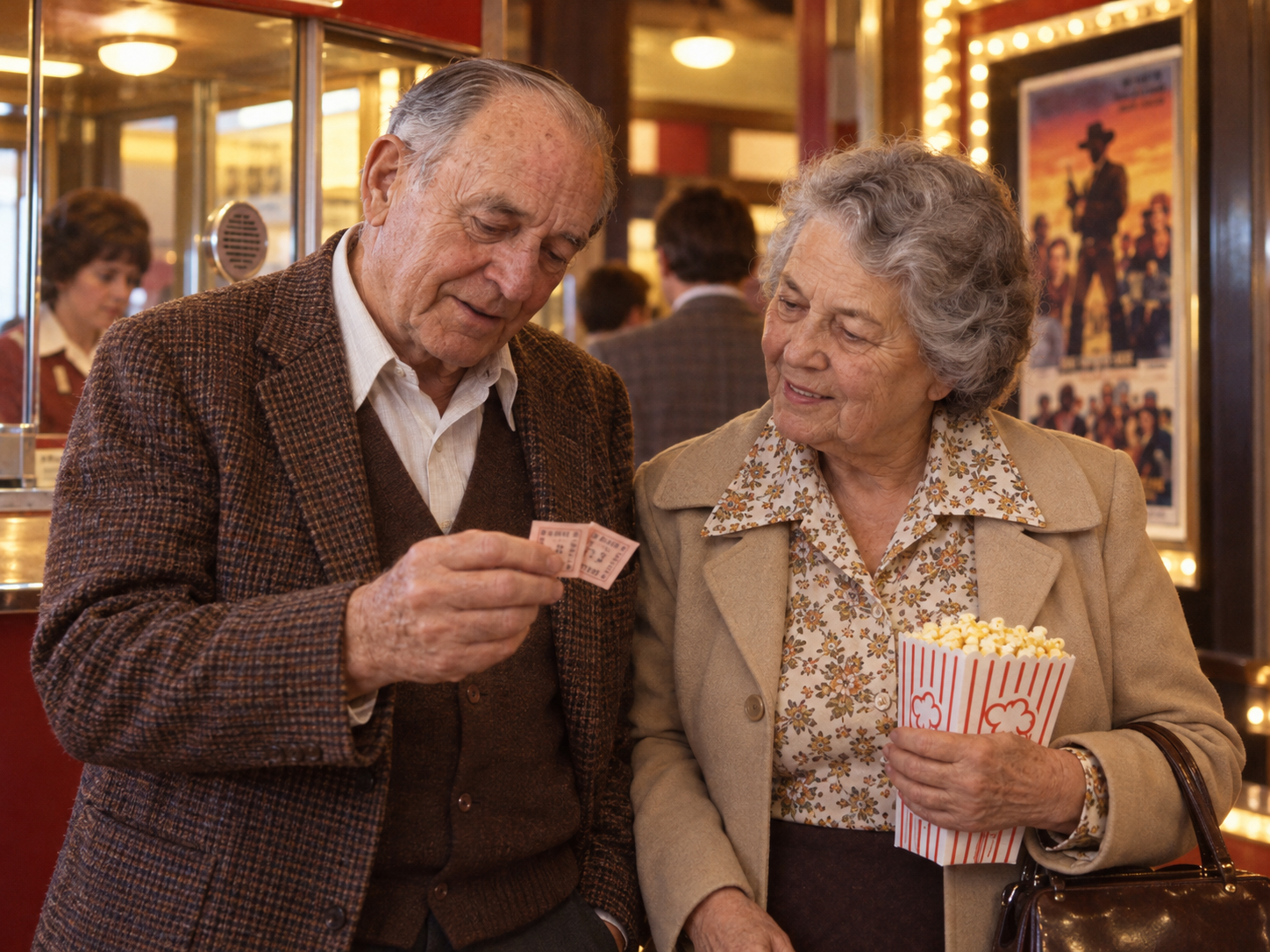 An elderly couple standing in a movie theater lobby, with the man examining two movie tickets while the woman holds a tub of popcorn.