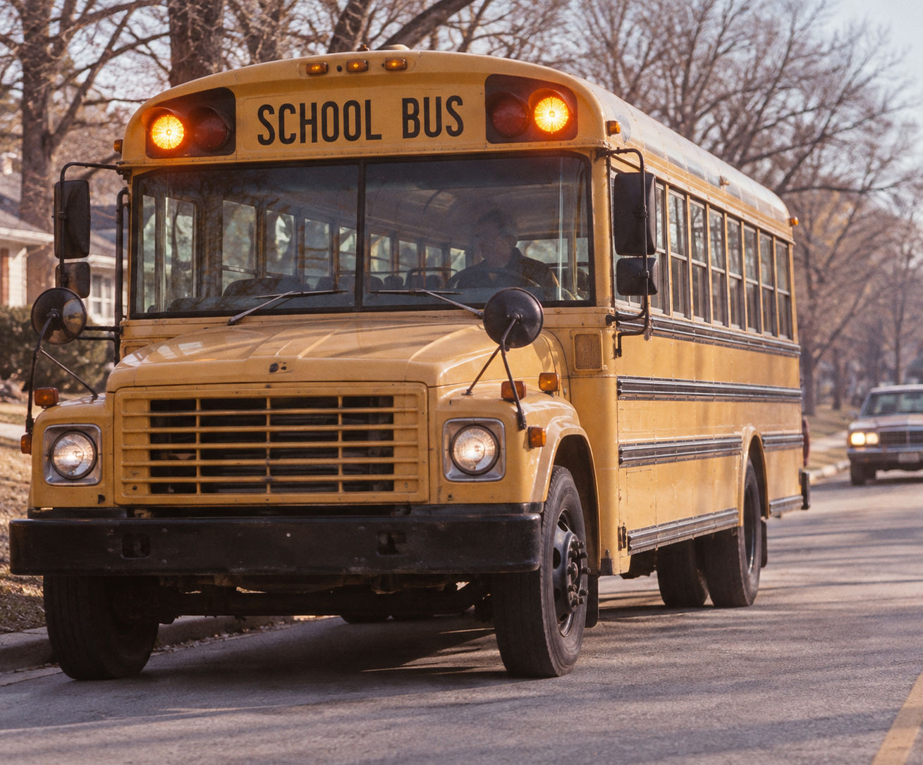 A yellow school bus driving down a residential street with its headlights and yellow warning lights on.