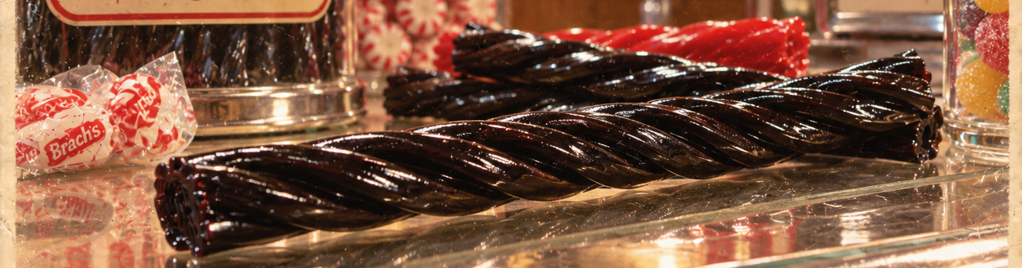 Close-up of two large pieces of black licorice, a red licorice stick, candy jars, and a couple of wrapped candies on a glass countertop in a candy shop.