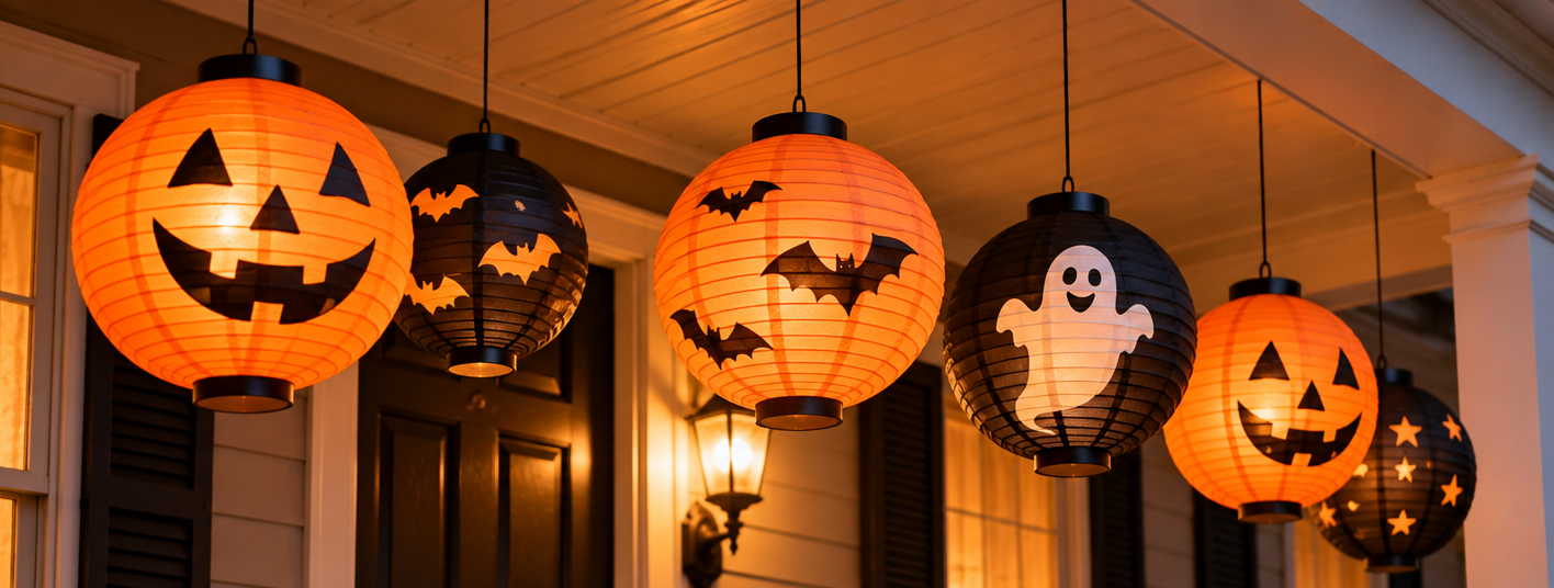 A row of glowing orange and black paper lanterns decorated with jack-o’-lantern faces, bats, ghosts, and stars hanging from a porch ceiling.