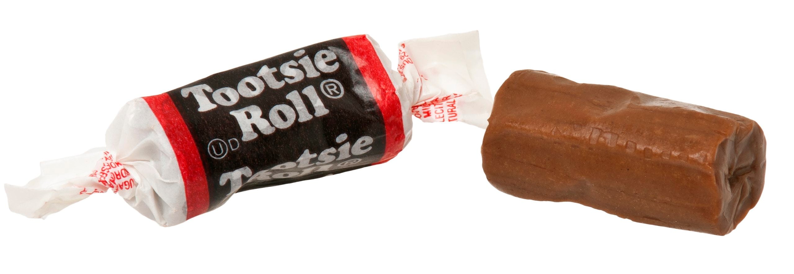 A partially unwrapped Tootsie Roll candy.
