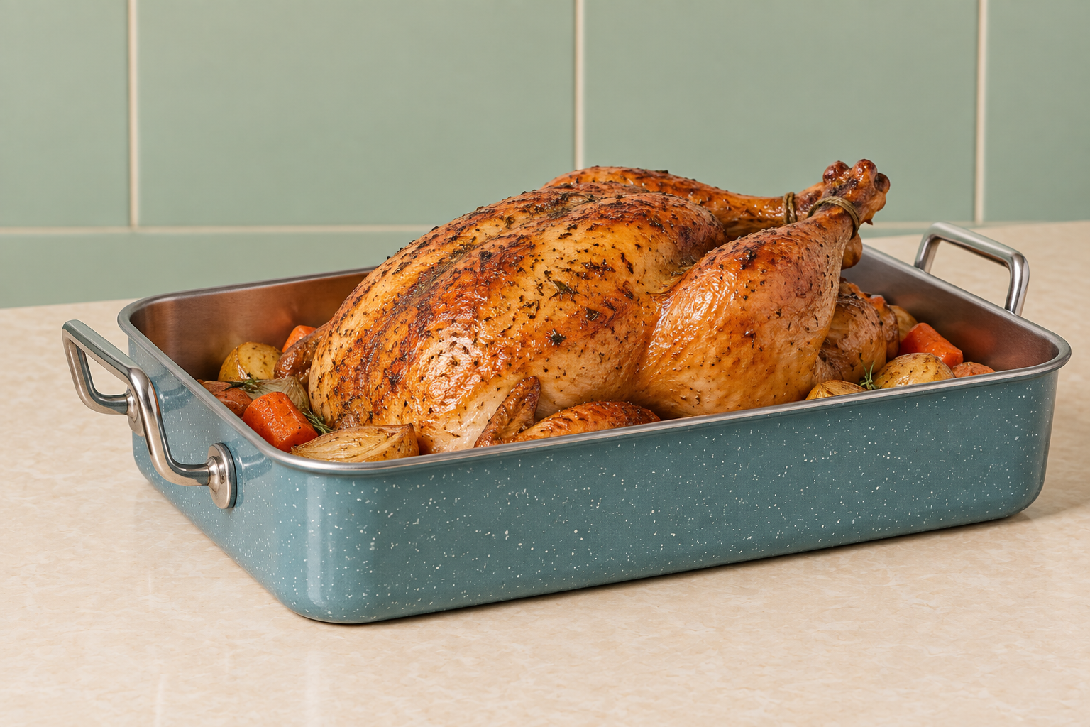 Roasted whole chicken with carrots and potatoes in a teal speckled roasting pan.