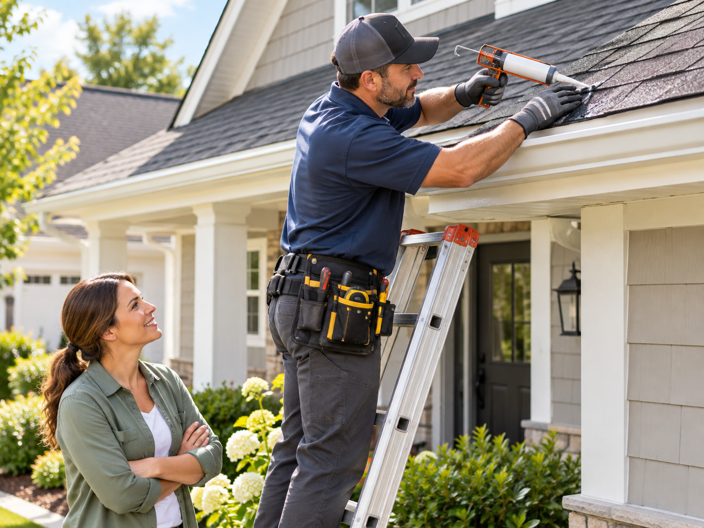 A man on a ladder uses a caulk gun to repair shingles on a house roof while a woman watches him from below.