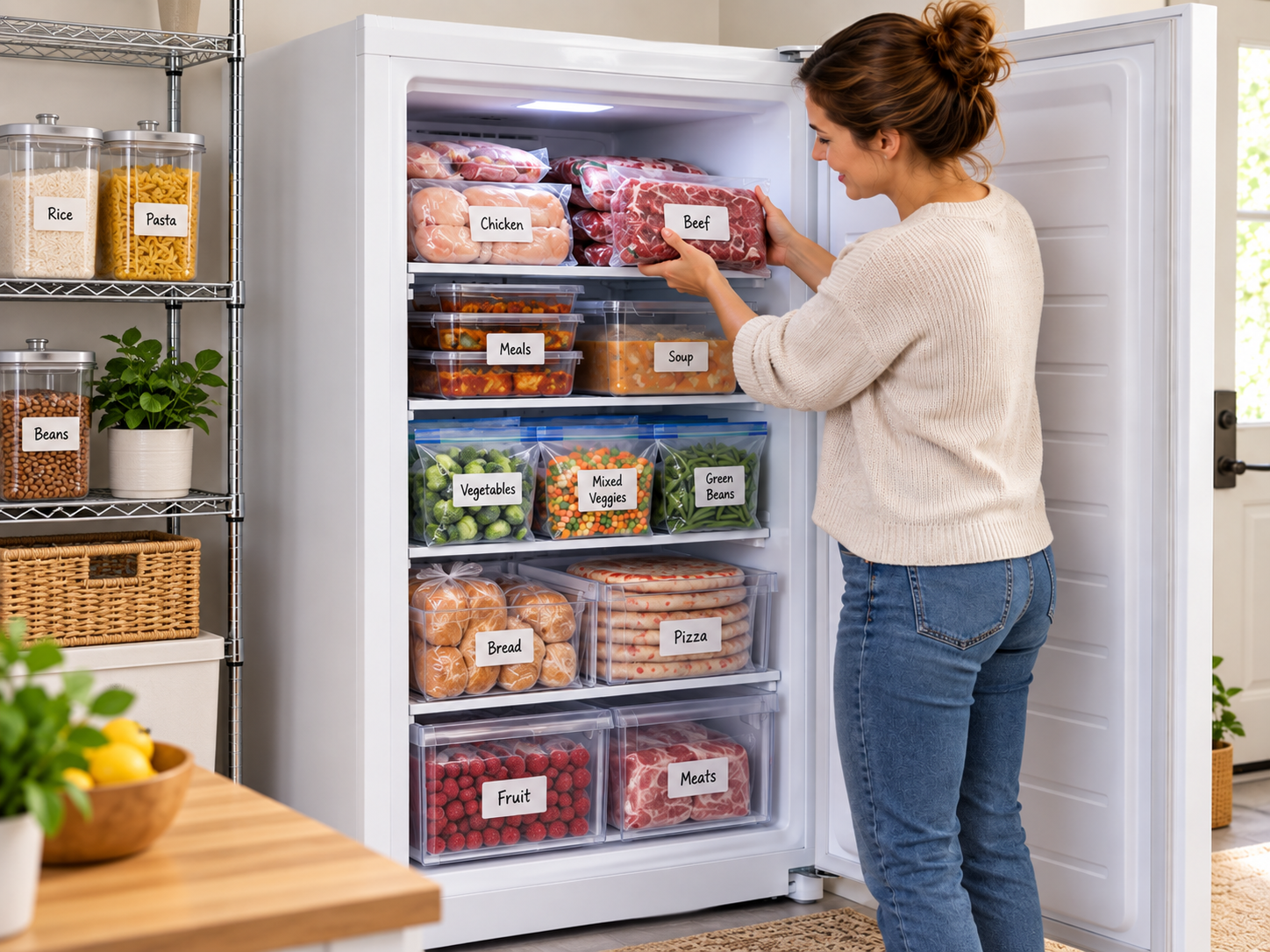 A woman places a labeled container of beef into an organized chest freezer filled with containers of labeled food.