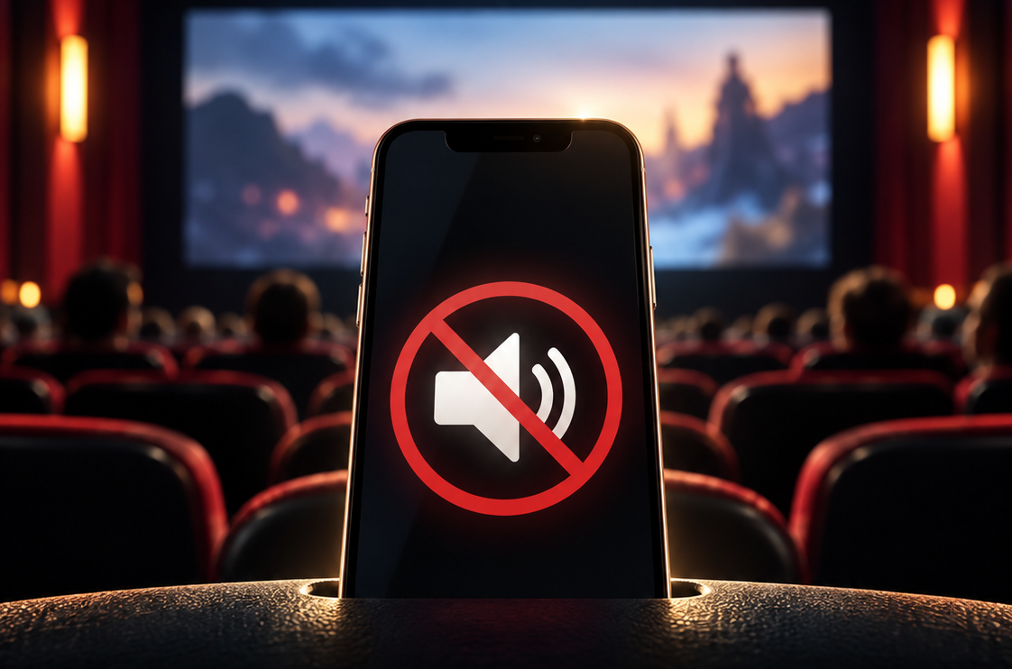 A smartphone screen displays a red mute icon in a dark movie theater.