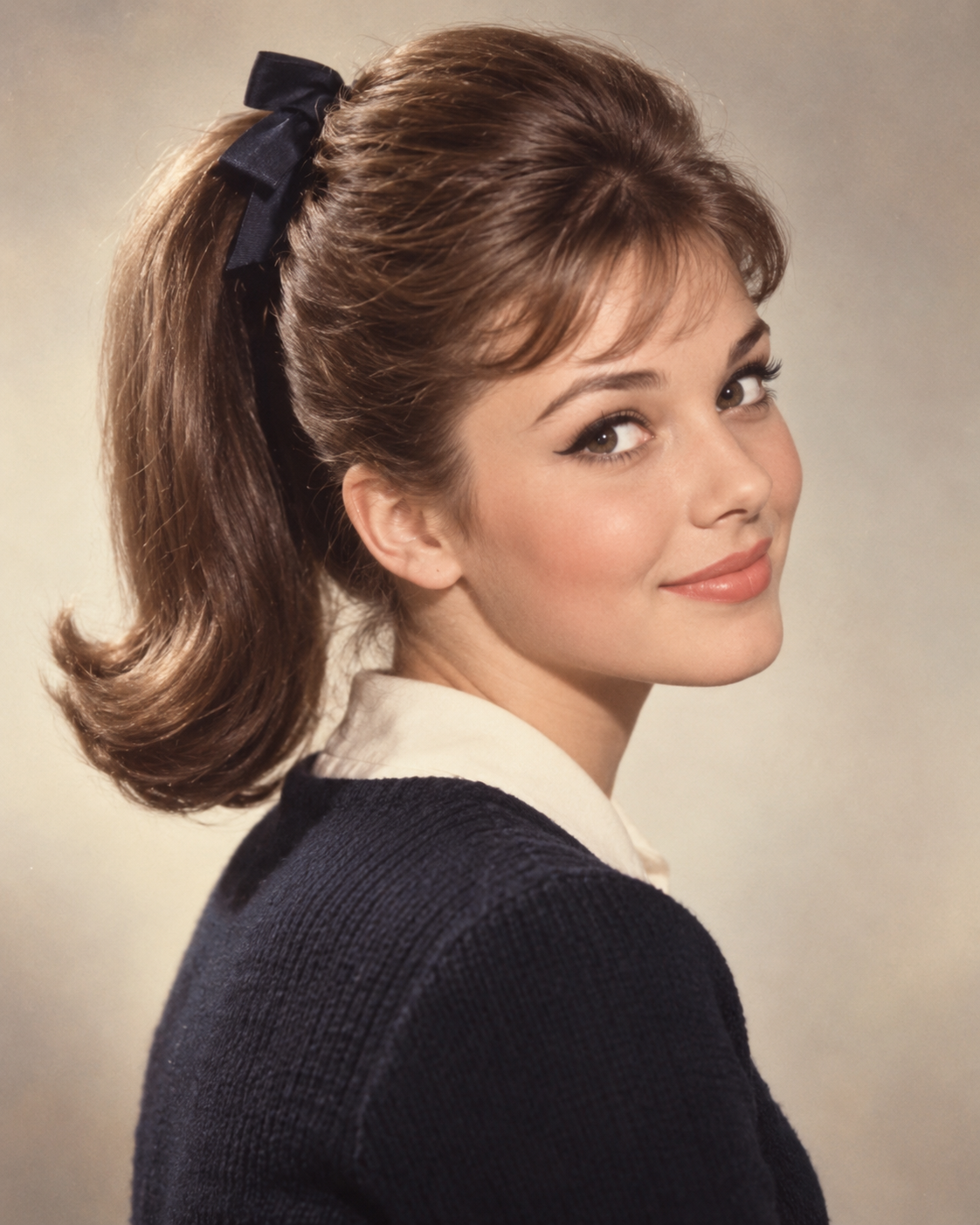 A young woman with a brown ponytail and a dark ribbon looks over her shoulder.