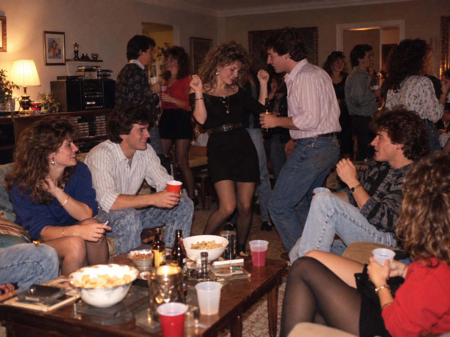 A group of young adults socializing in a living room, with two people dancing in the center while others sit on couches around a coffee table with snacks and drinks.