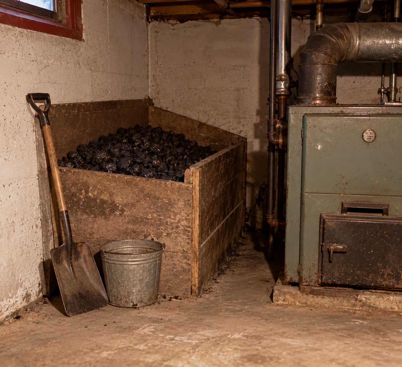 A wooden coal bin filled with lumps of coal sits next to a metal furnace, with a shovel and a metal bucket resting in front.