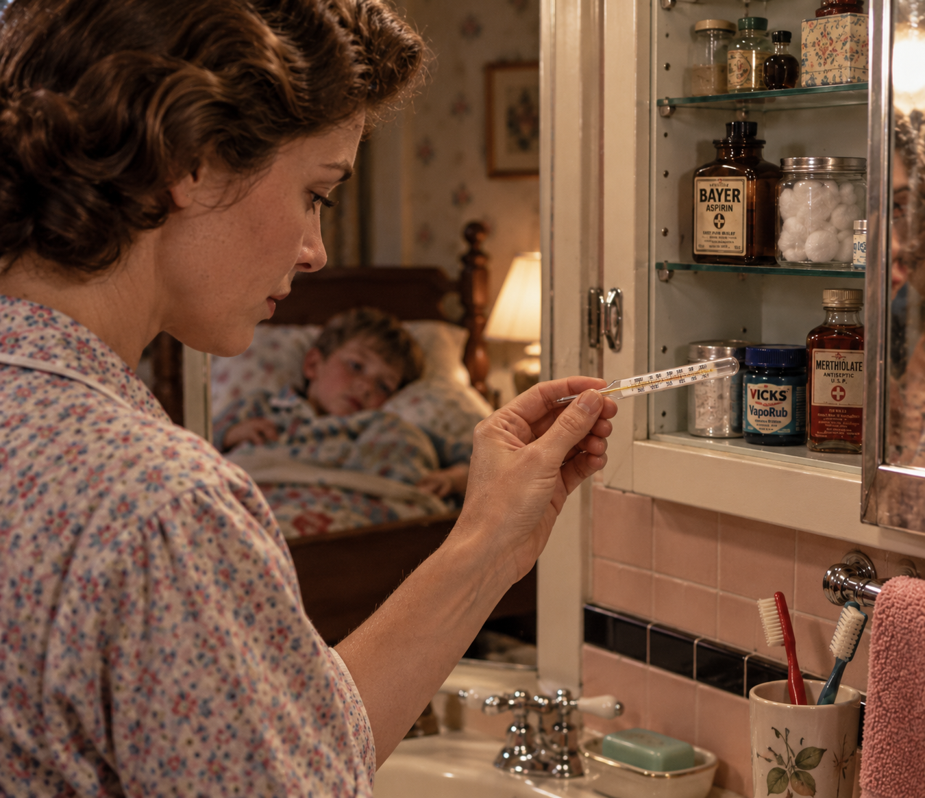 A woman in a bathroom checks a medical thermometer while a young child rests in a bed in the background.