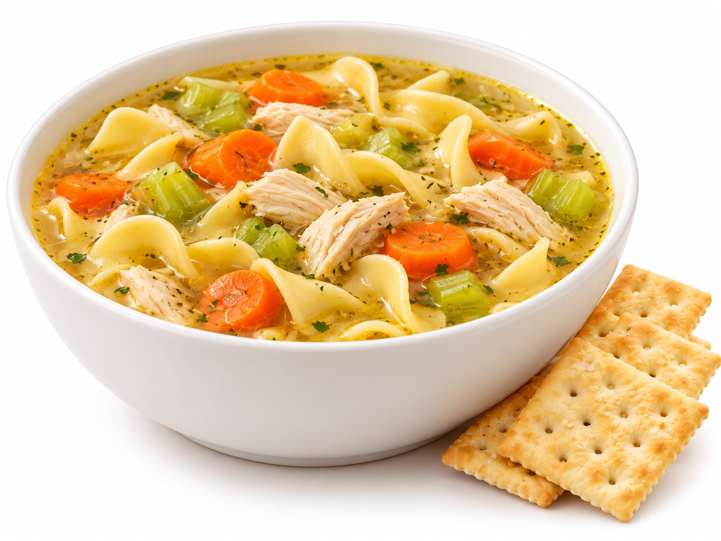 A bowl of chicken noodle soup with carrots and celery, served with three saltine crackers.