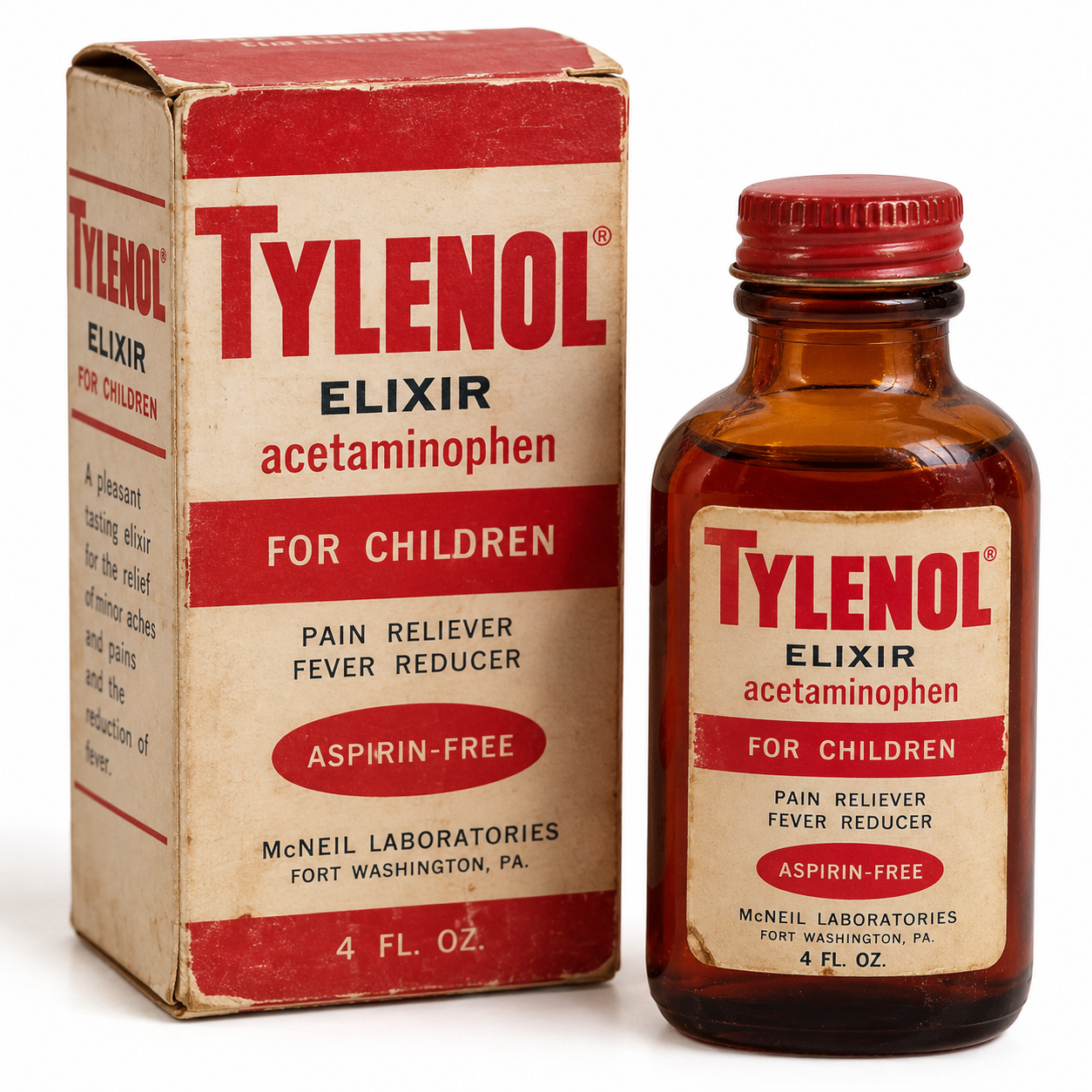 Vintage Tylenol Elixir for Children box and amber glass bottle.