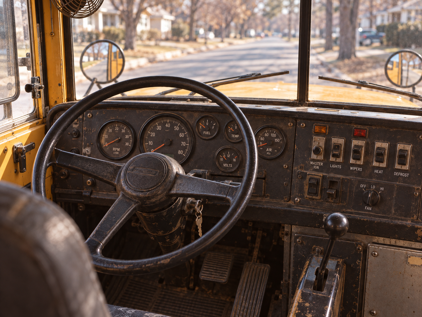 View from the driver’s seat of a school bus, showing the steering wheel, analog dashboard gauges, and a control panel with toggles for lights, wipers, and heat.