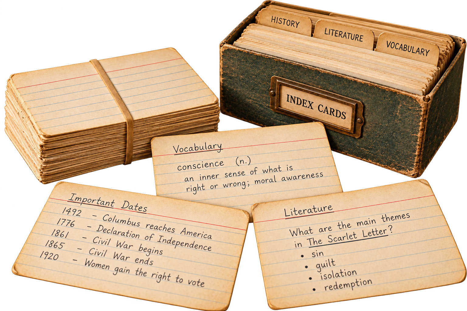 A wooden box of index cards labeled History, Literature, and Vocabulary, with three cards displayed in front showing notes on history dates, a vocabulary definition for conscience, and themes from The Scarlet Letter.