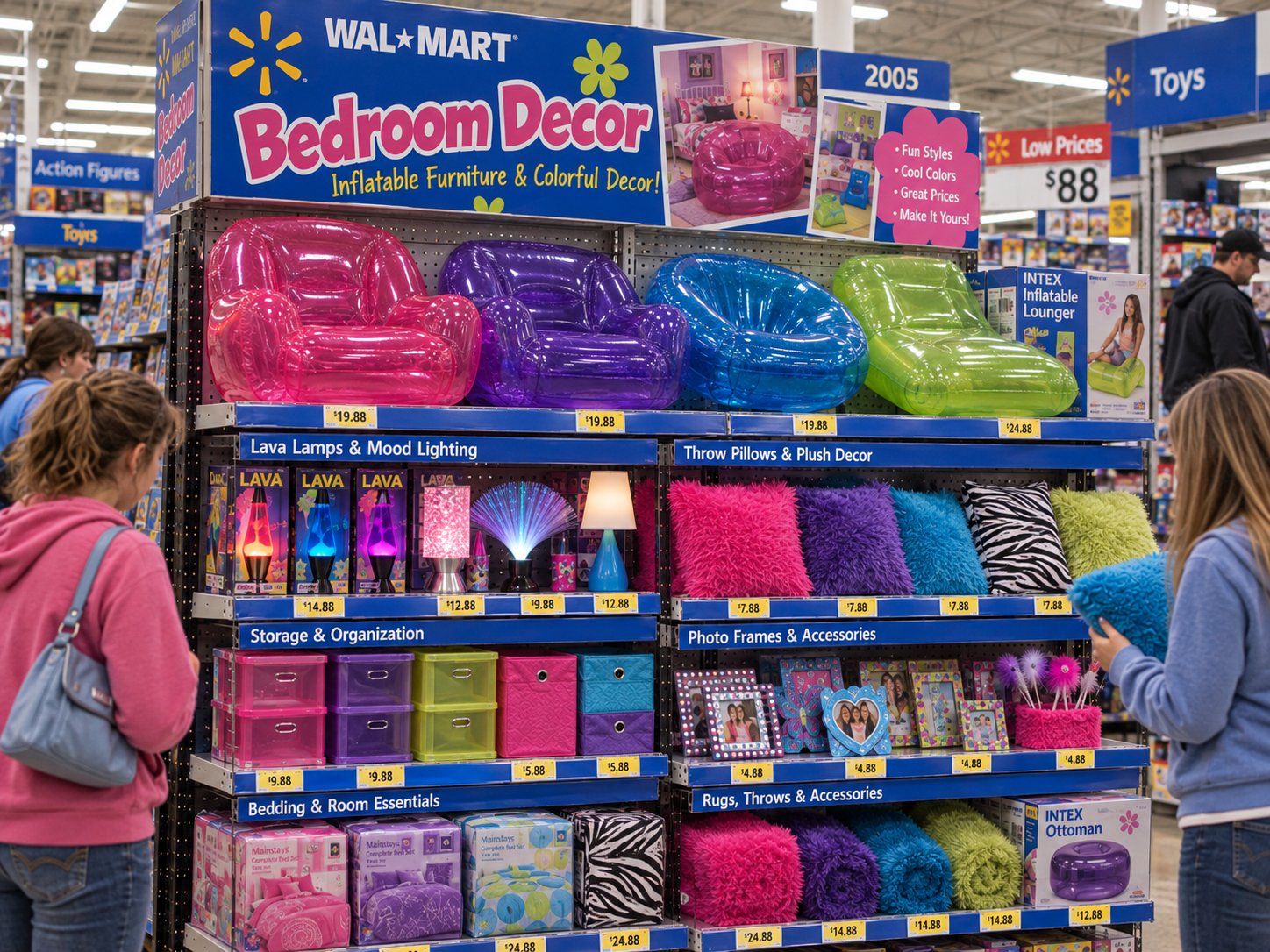 A retail display of bedroom decor featuring inflatable chairs, lava lamps, plush pillows, storage bins, photo frames, and bedding sets with price tags.