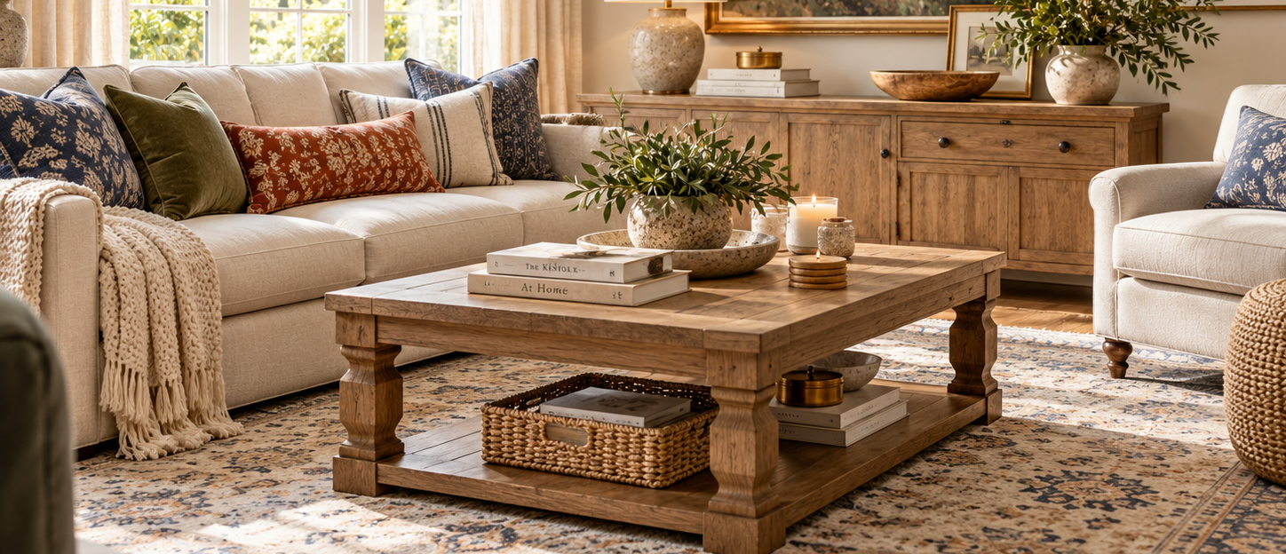 A living room featuring a beige sofa with decorative pillows, a wooden coffee table with books and a potted plant, and a wooden console table against the back wall.