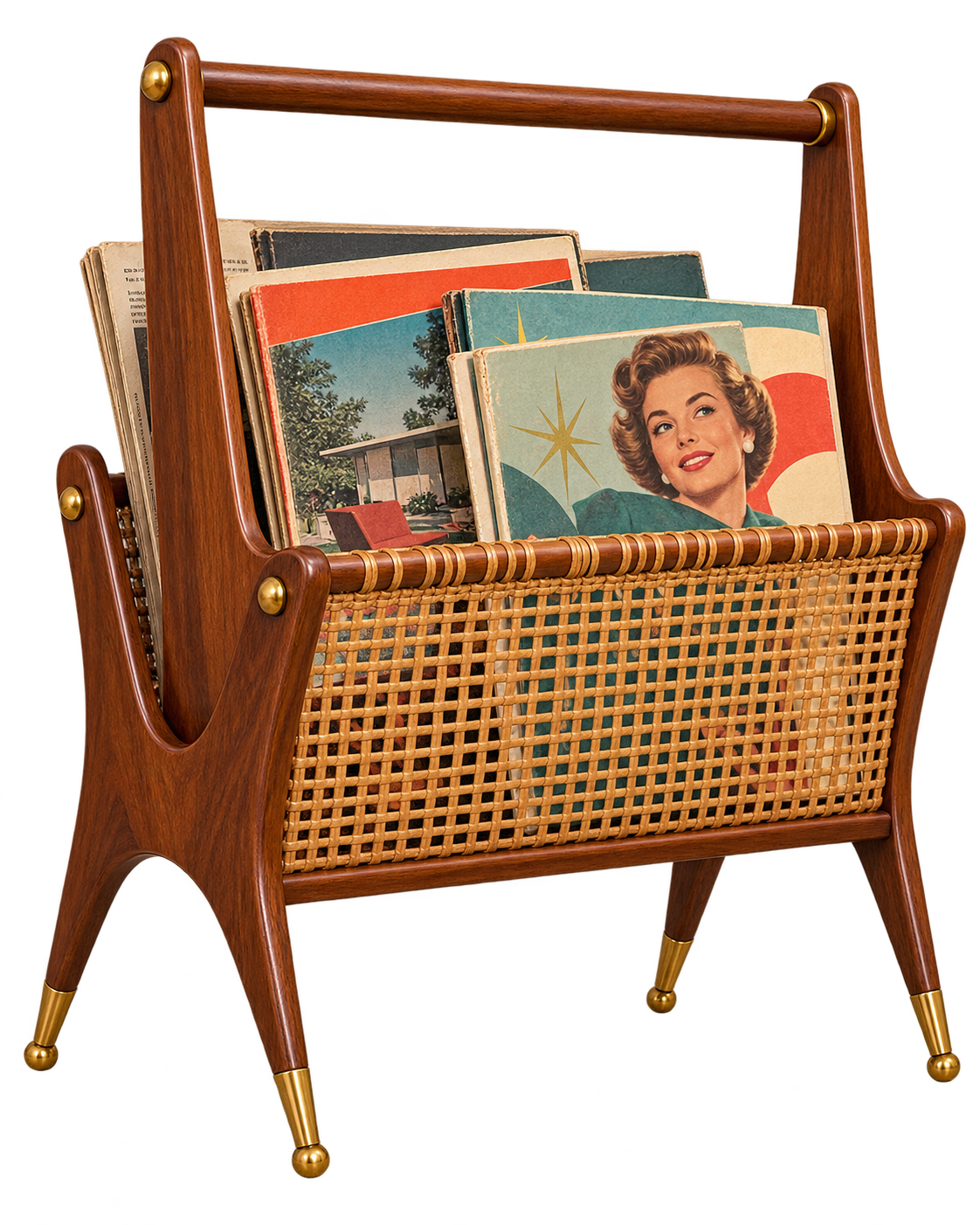 Mid-century modern wooden magazine rack with a woven cane front, holding several vintage magazines.