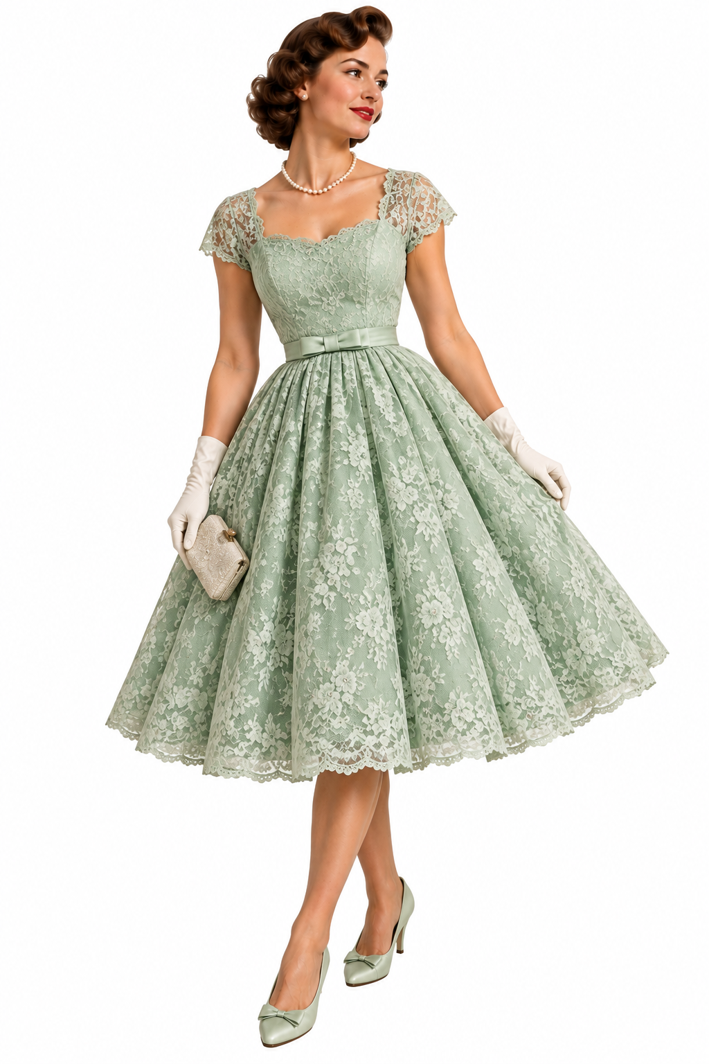 A woman in a vintage-style, sage green lace tea-length dress with cap sleeves, white gloves, a pearl necklace, and a small clutch.