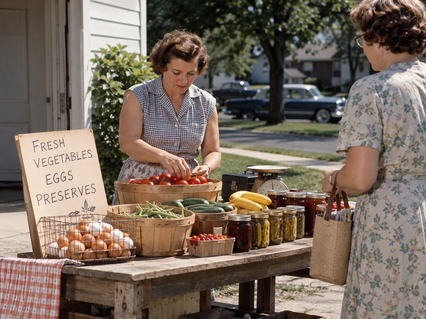 A woman in a blue gingham dress sells produce, eggs, and preserves from a wooden stand to a customer holding a basket.
