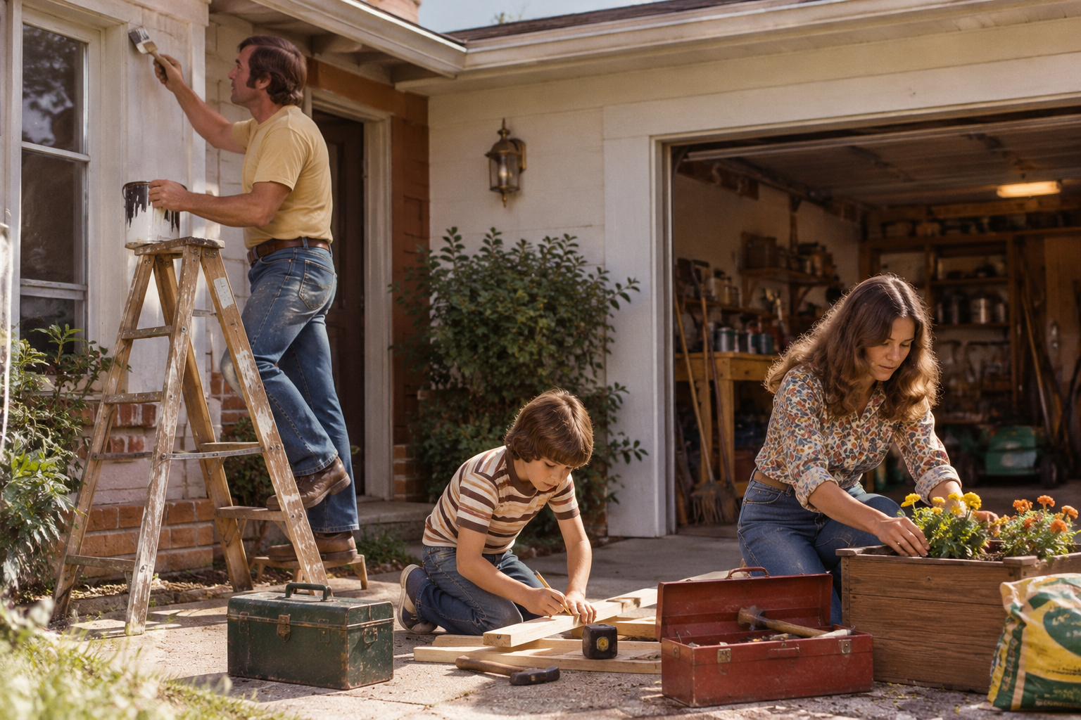 A family works on home improvement projects in their front yard, with a man painting the house on a ladder, a boy measuring wood, and a woman planting flowers.