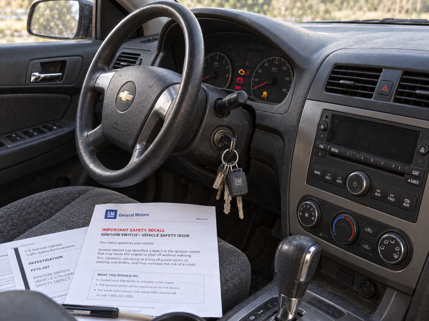 A General Motors ignition switch safety recall notice rests on the driver’s seat of a car.