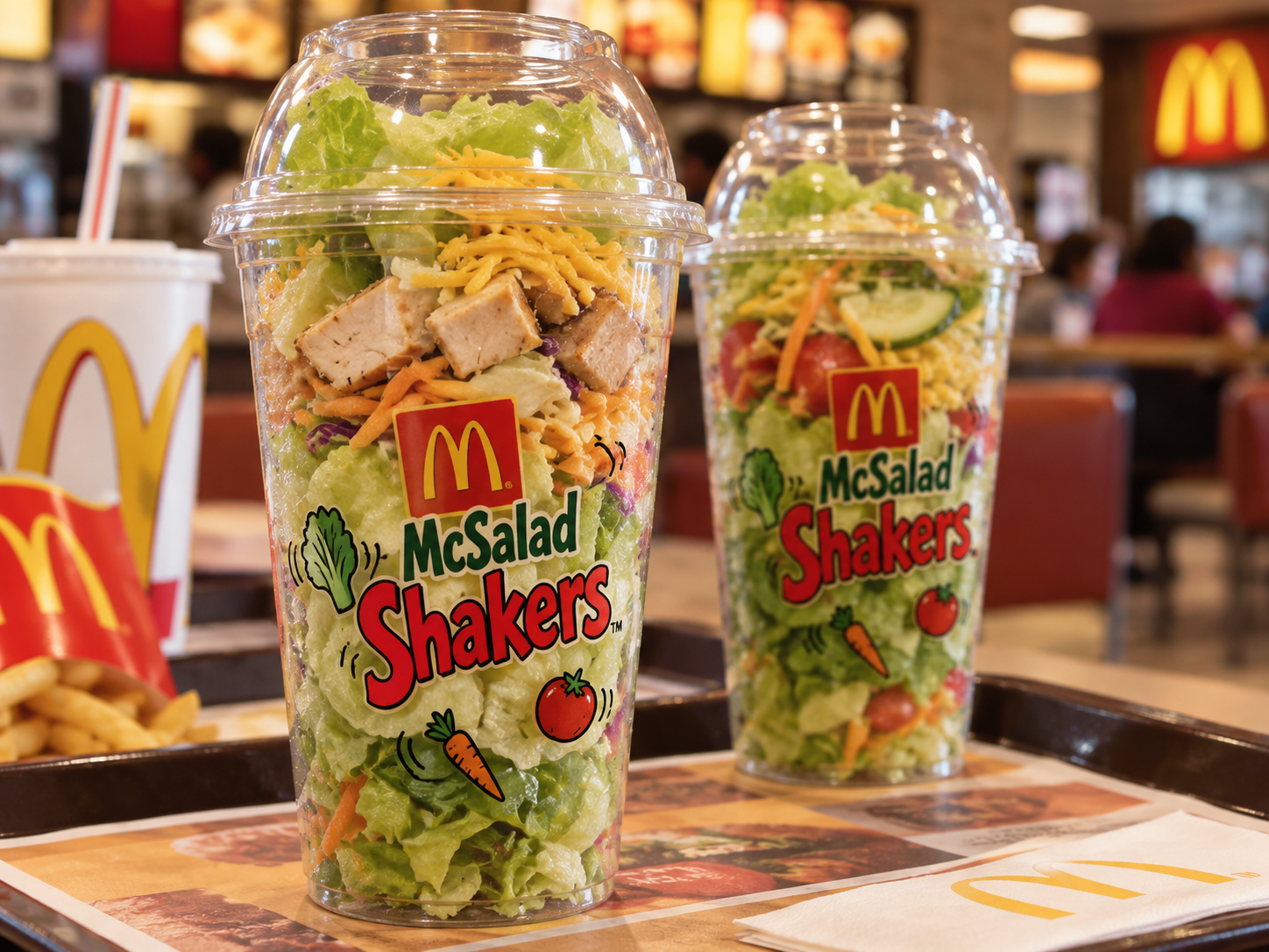 Two McDonald’s McSalad Shakers in clear plastic cups on a tray, with a side of french fries.
